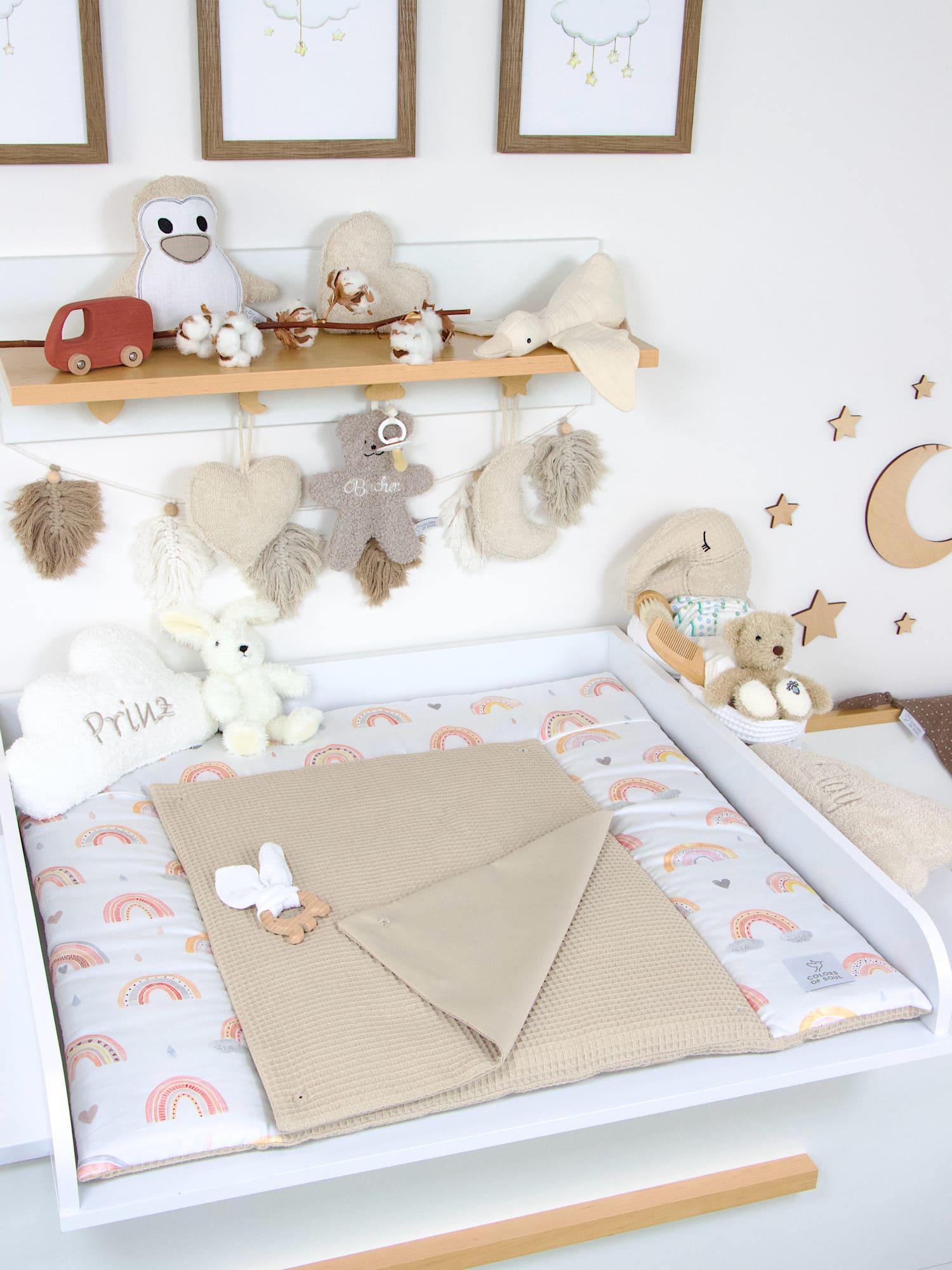 2-er SET - Wickelauflage und Babynestchen - Regenbogen Aquarell / Waffelpique beige