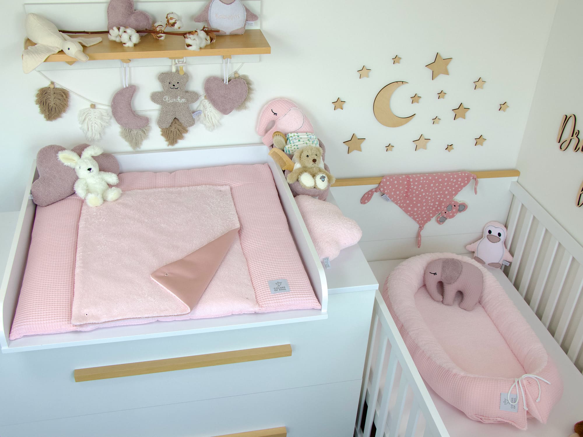 3-er SET - Wickelauflage, Bettschlange, Babynestchen - Waffelpique hellrosa / Frottee hellrosa