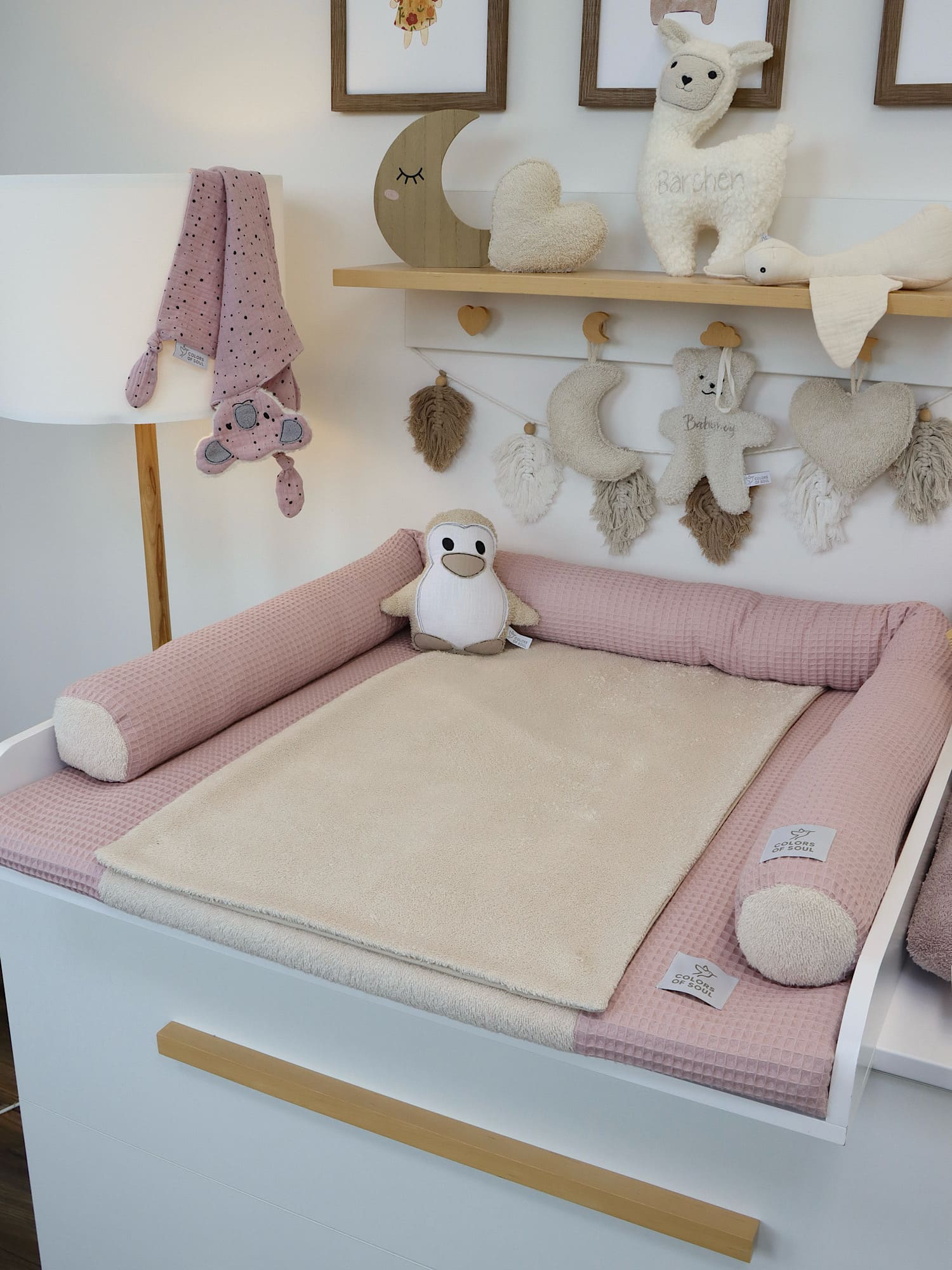 Wickelauflage mit Bezug & Bettschlange – Waffelpique Altrosa & Frottee Light Sand