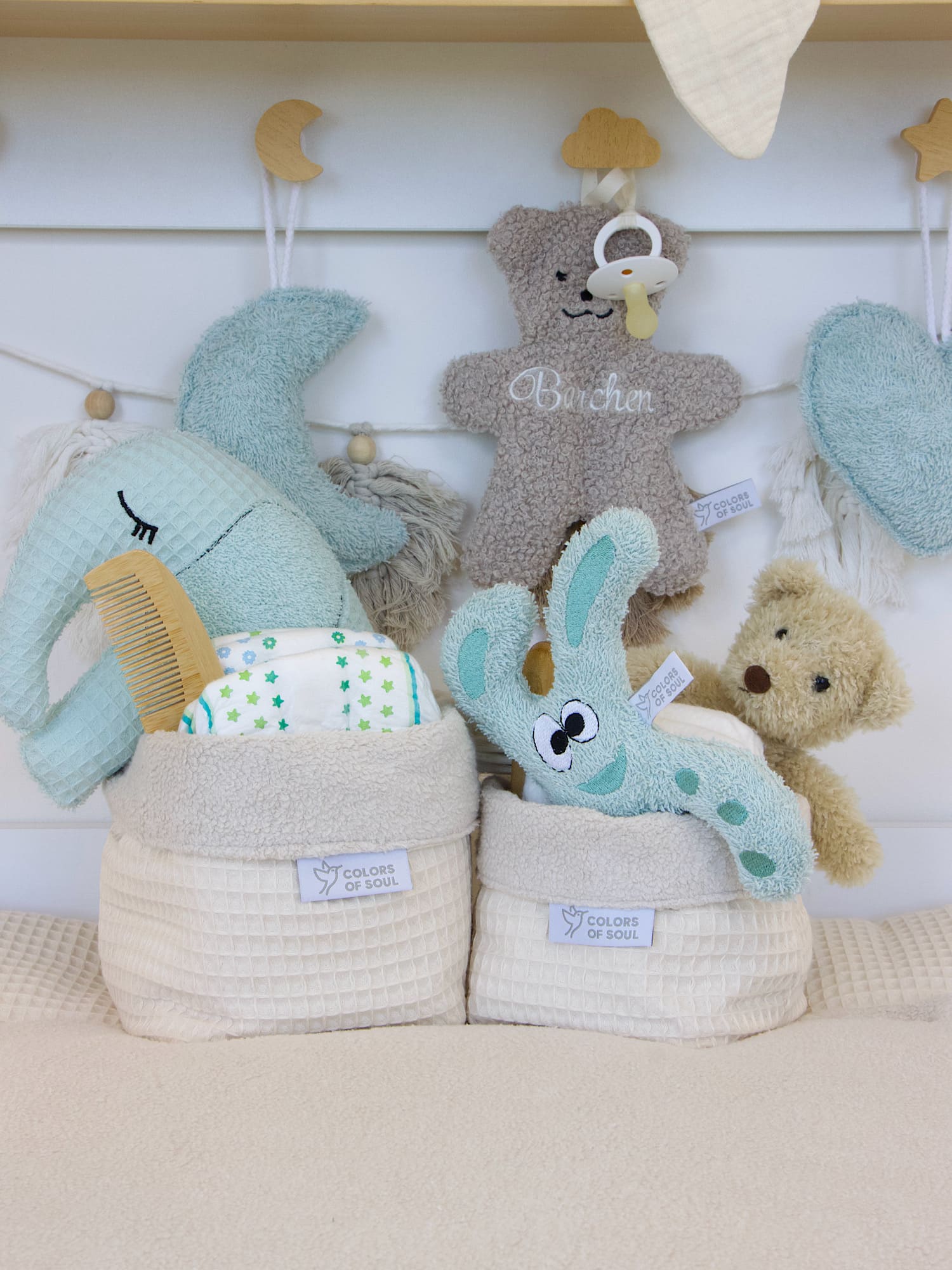 Utensilo Baumwollfleece beige / Waffelpique natur für das Babyzimmer