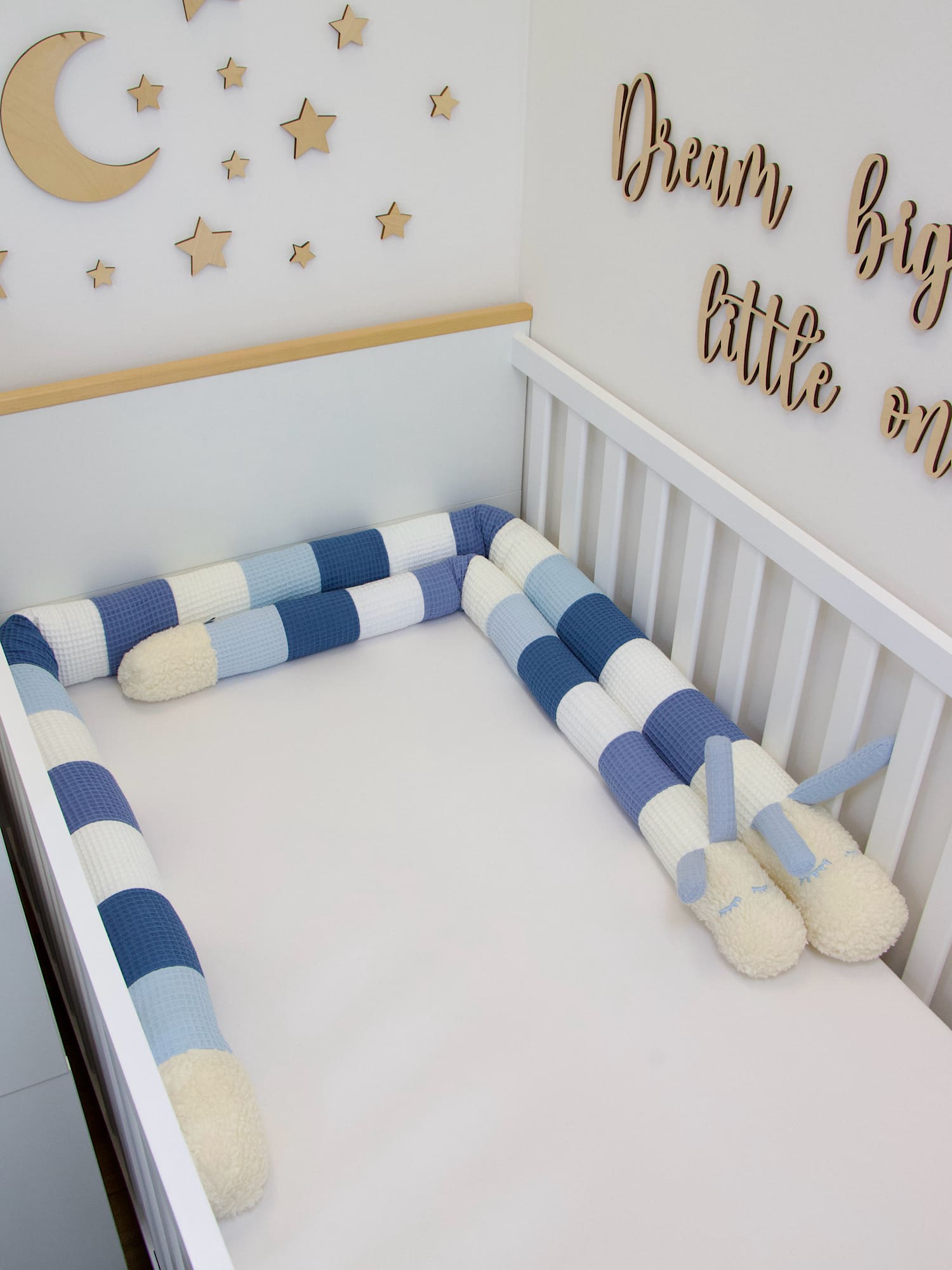 Patchwork Bettschnecke: Waffelpique creme, blau, weiß, jeansblau, hellblau