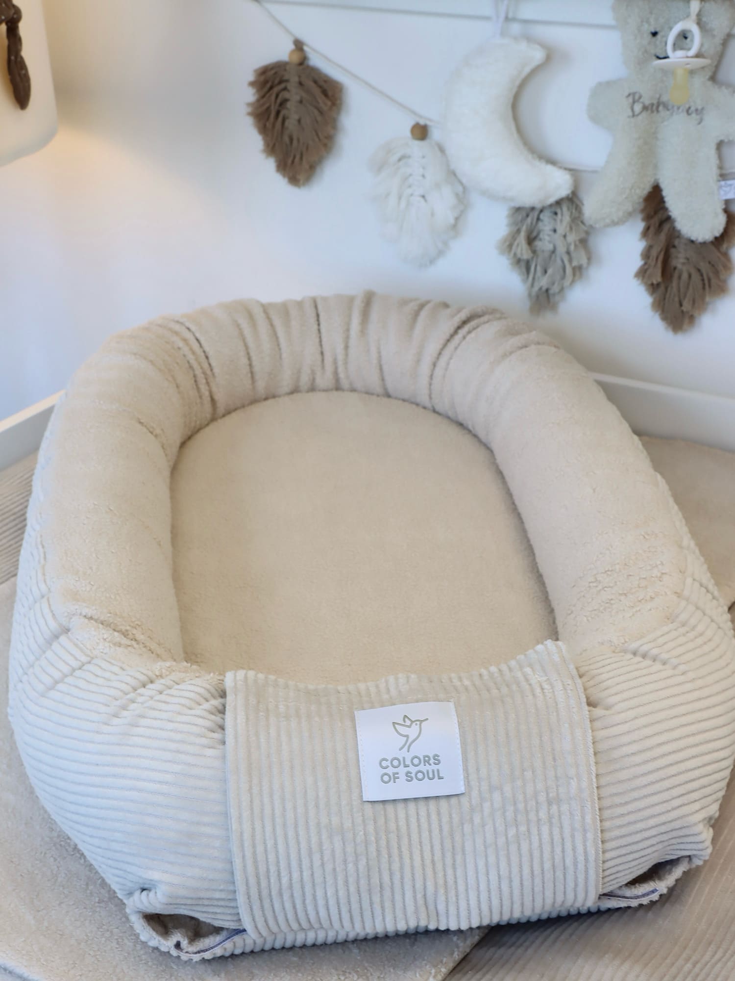 Wickelauflage mit Bezug, Bettschlange, Babynest - Cord hellbeige / Baumwollfleece hellbeige
