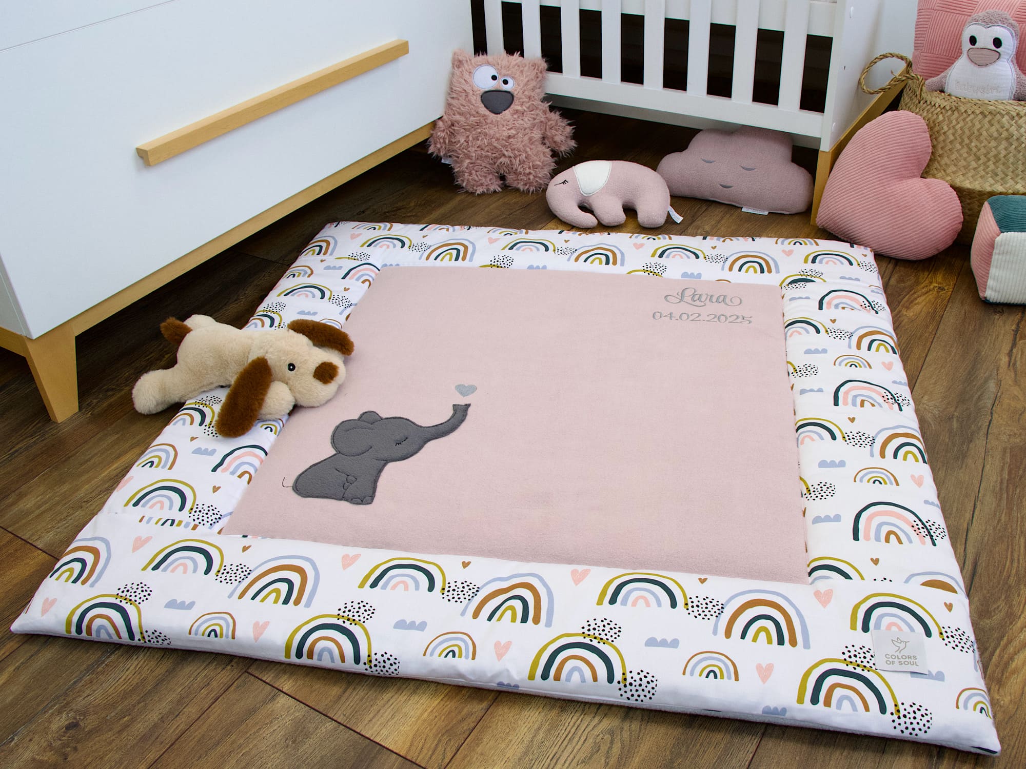 Krabbeldecke Regenbogen und Herzen / Baumwollfleece altrosa