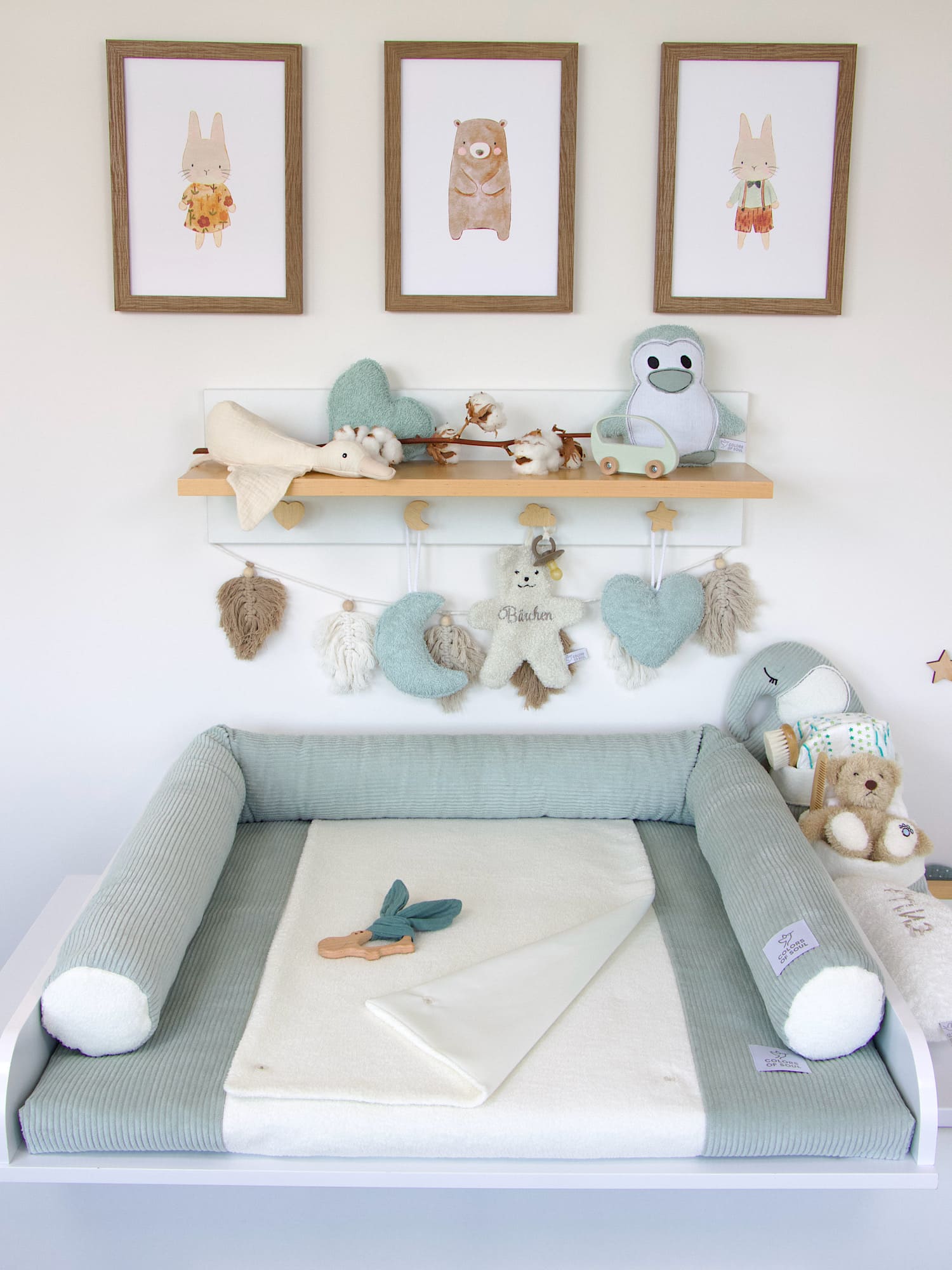3-er SET - Wickelauflage, Babynestchen, Bettschlange - Kord mint / Baumwollfleece creme