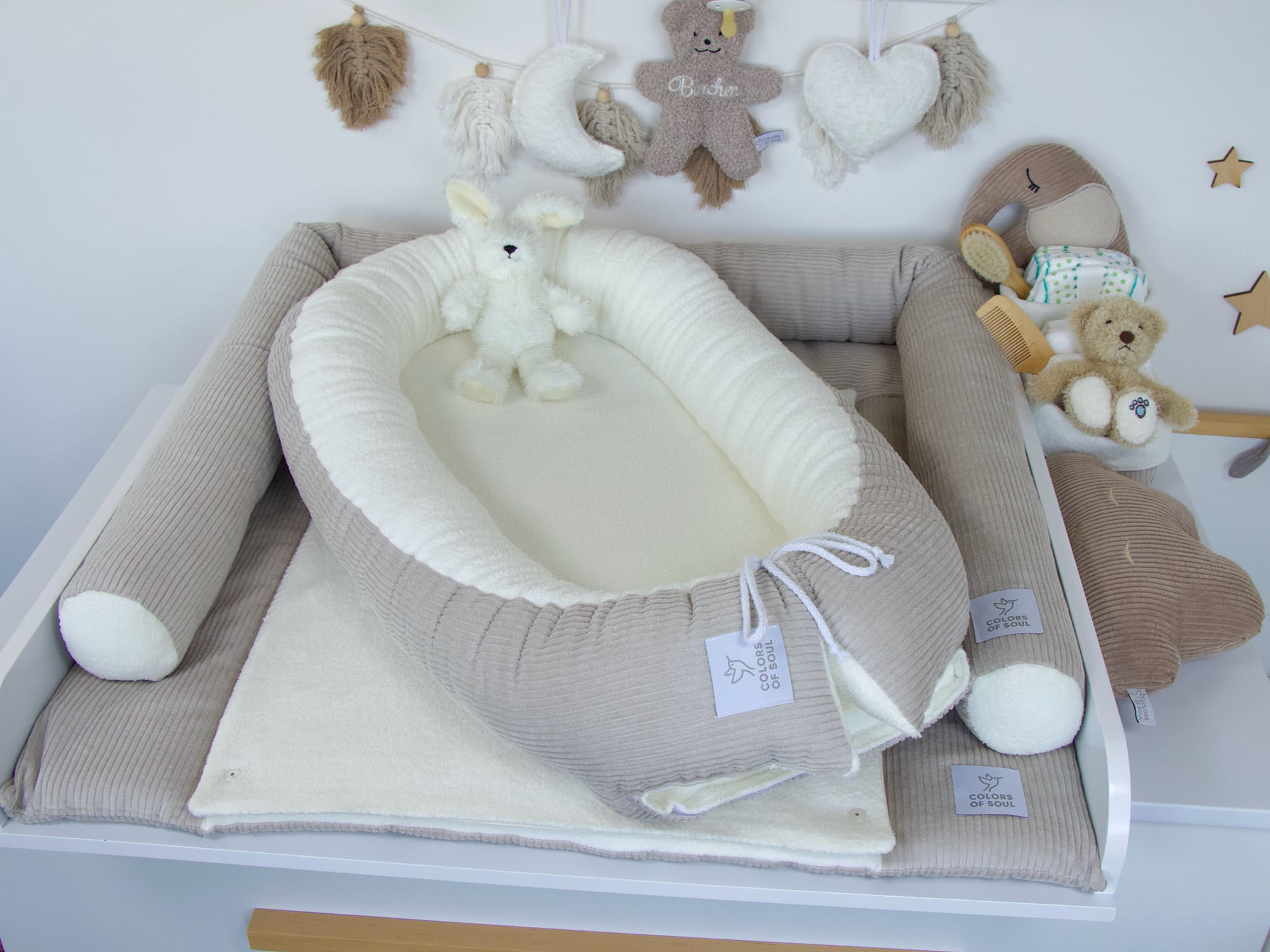 3-er SET - Wickelauflage, Bettschlange, Babynest - Kord hellbeige / Baumwollfleece creme