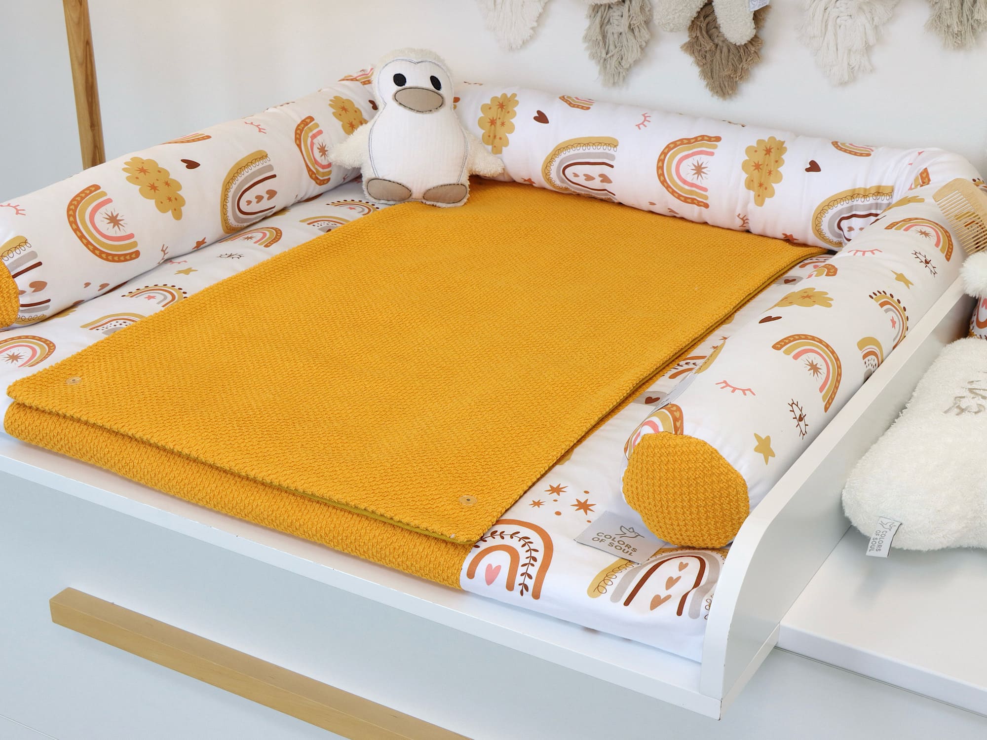 2-er SET - Wickelauflage mit Inlett, Bettschlange - Baby boho Regenbogen / Waffelpique BeBe gelb