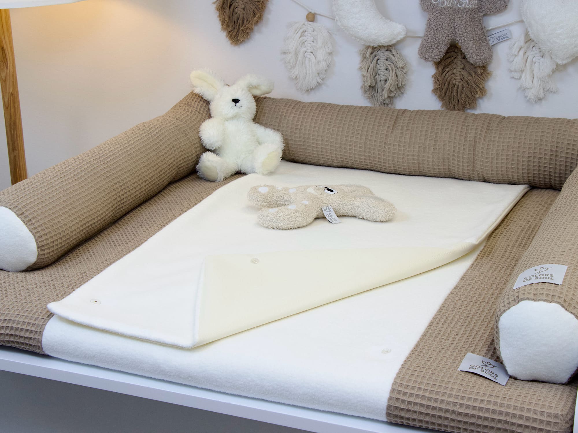 3-er SET - Wickelauflage mit Inlett, Babynest, Bettrolle - Waffel dunkelbeige/ Baumwollfleece creme