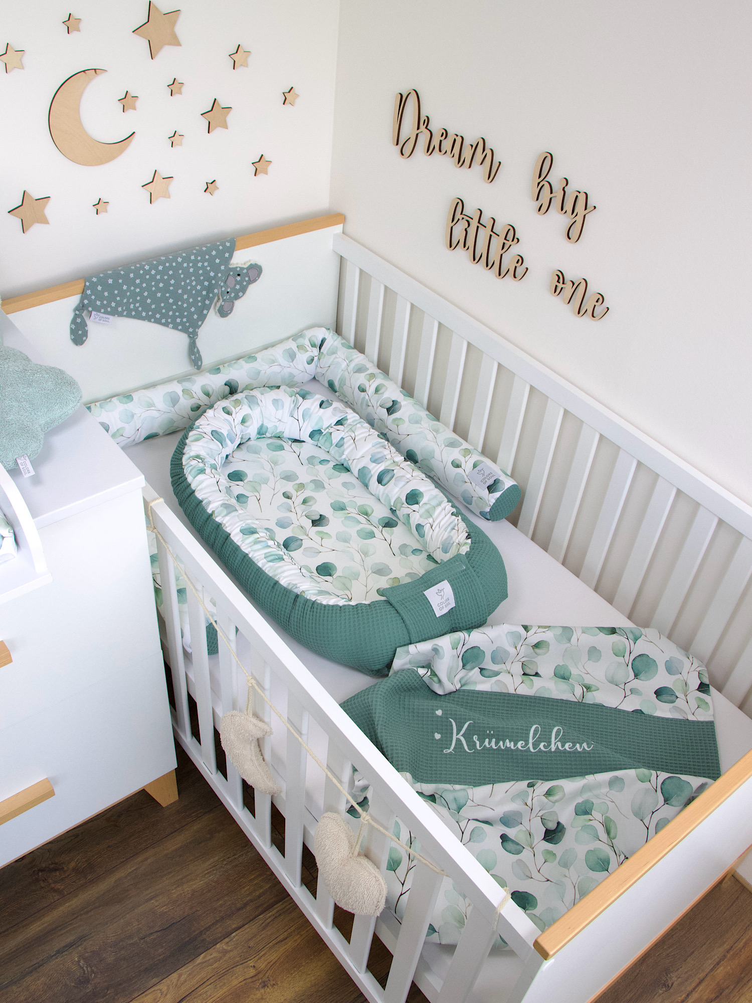 3-er SET - Wickelauflage mit Inlett, Babynest, Bettrolle - Silberdollar-Eukalyptus / Waffel altgrün