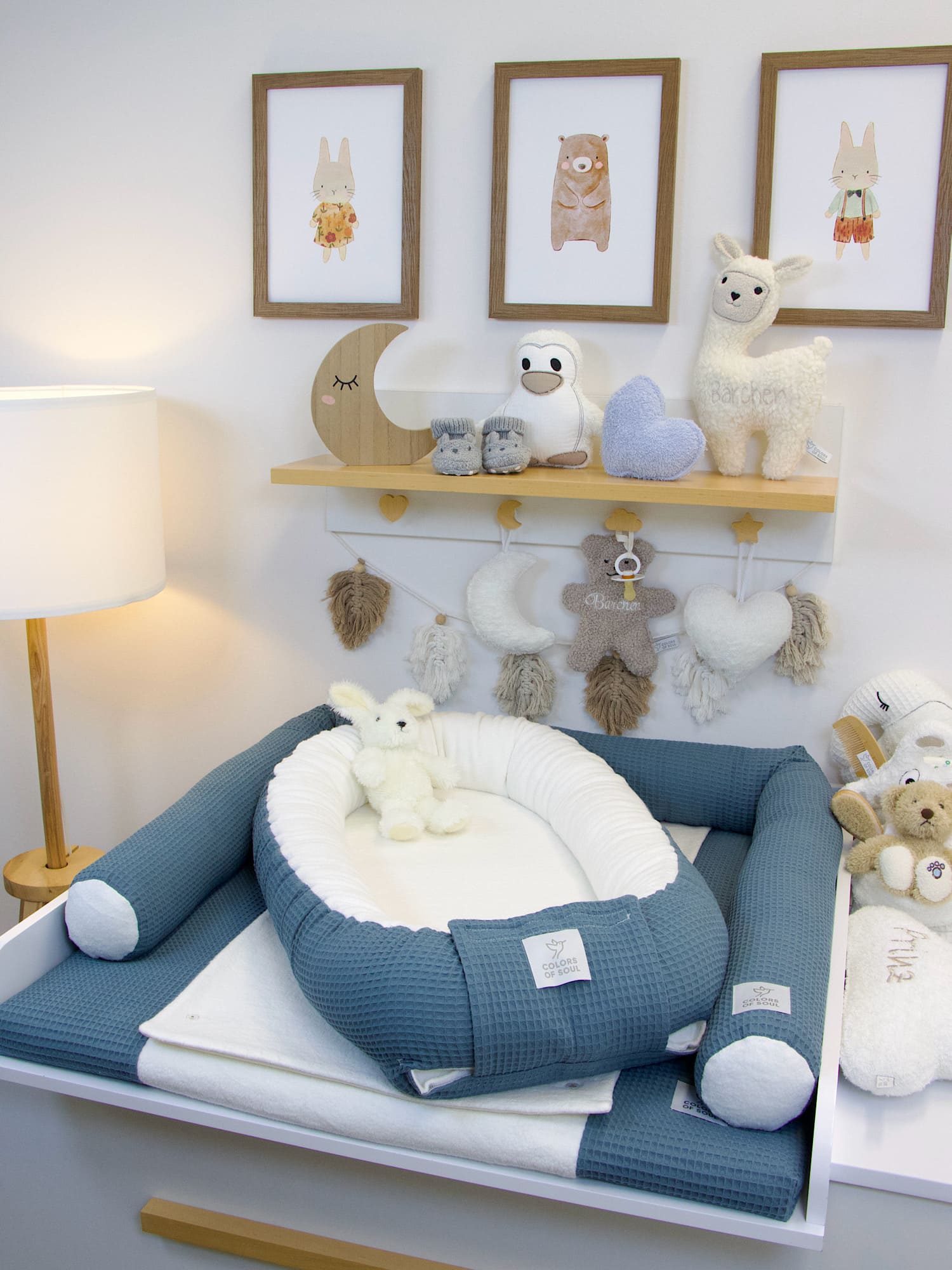 3-er SET - Wickelauflage mit Inlett, Babynest, Bettrolle - Waffel stahlblau / Baumwollfleece creme