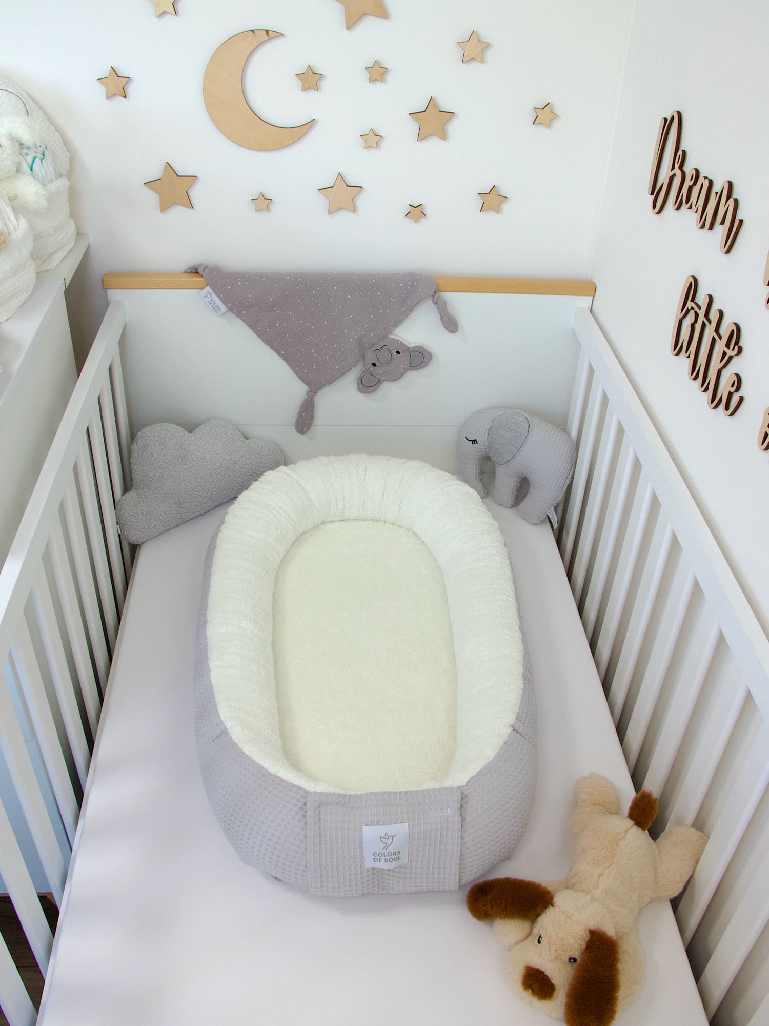 Wickelauflage Set mit Babynestchen - Waffelpique hellgrau / Frottee creme