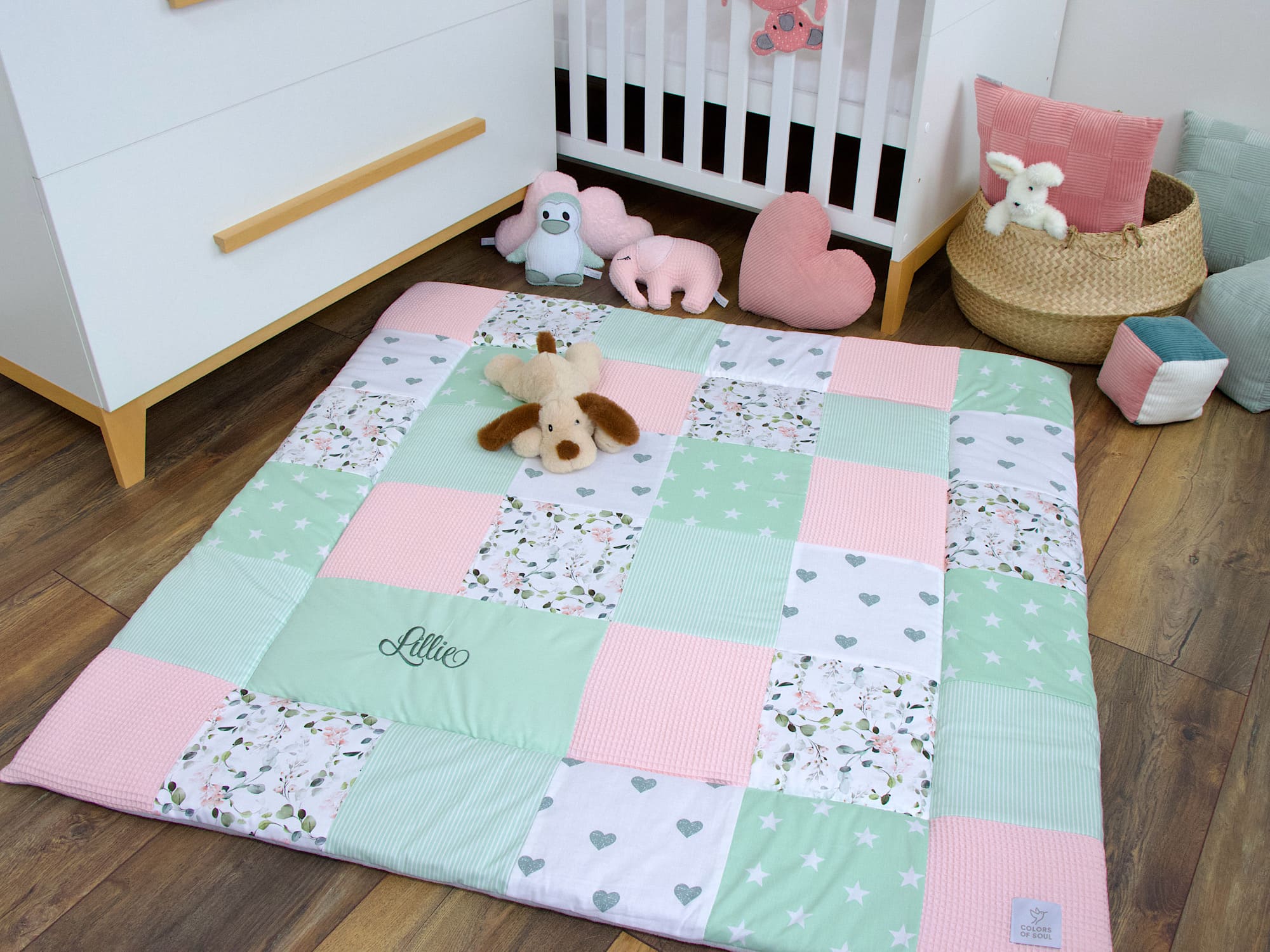 Patchwork Krabbeldecke - Gartenblumen rosa / Waffelpique hellrosa / mint