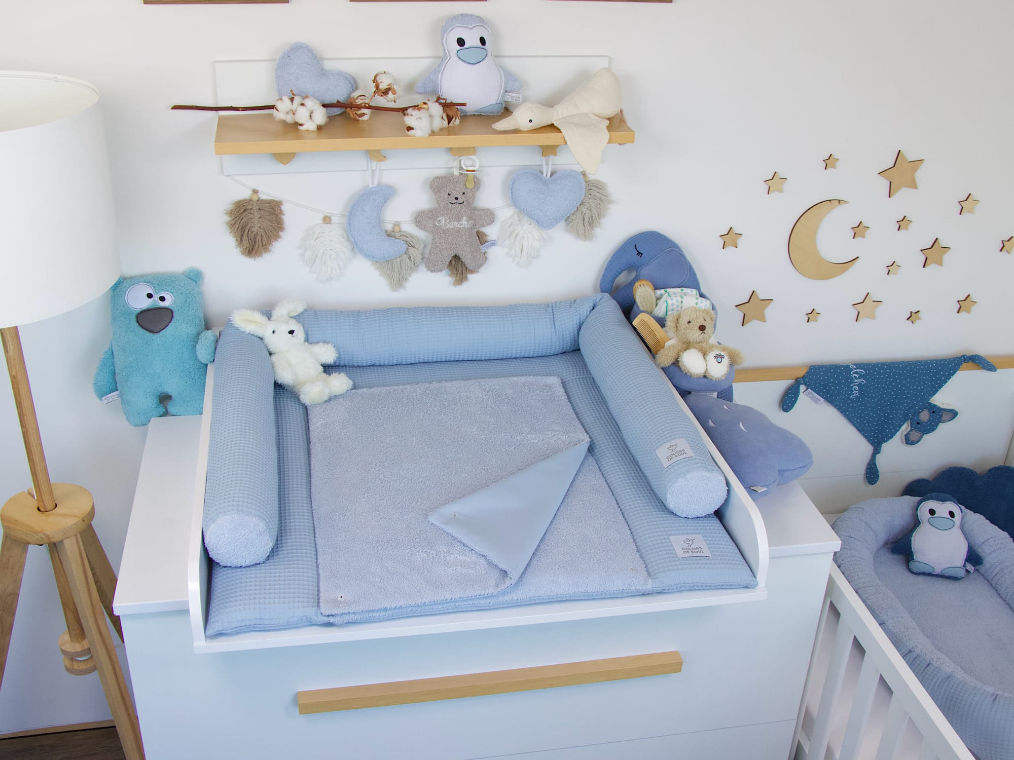 3-er SET - Wickelauflage, Bettschlange, Babynestchen - Waffelpique hellblau / Frottee hellblau