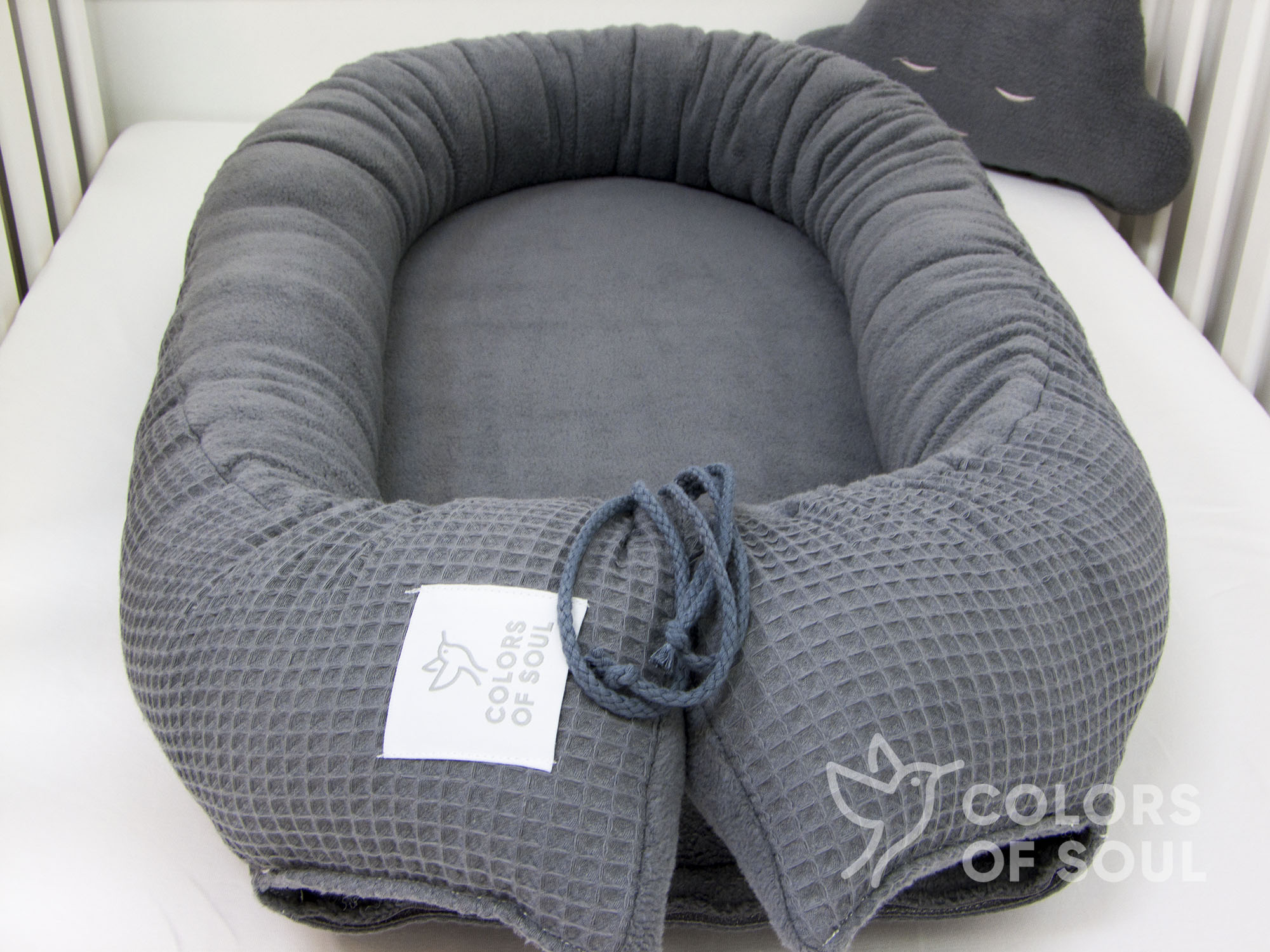 3-er SET - Wickelauflage, Bettschlange, Babynestchen - Waffelpique steingrau / Baumwollfleece grau