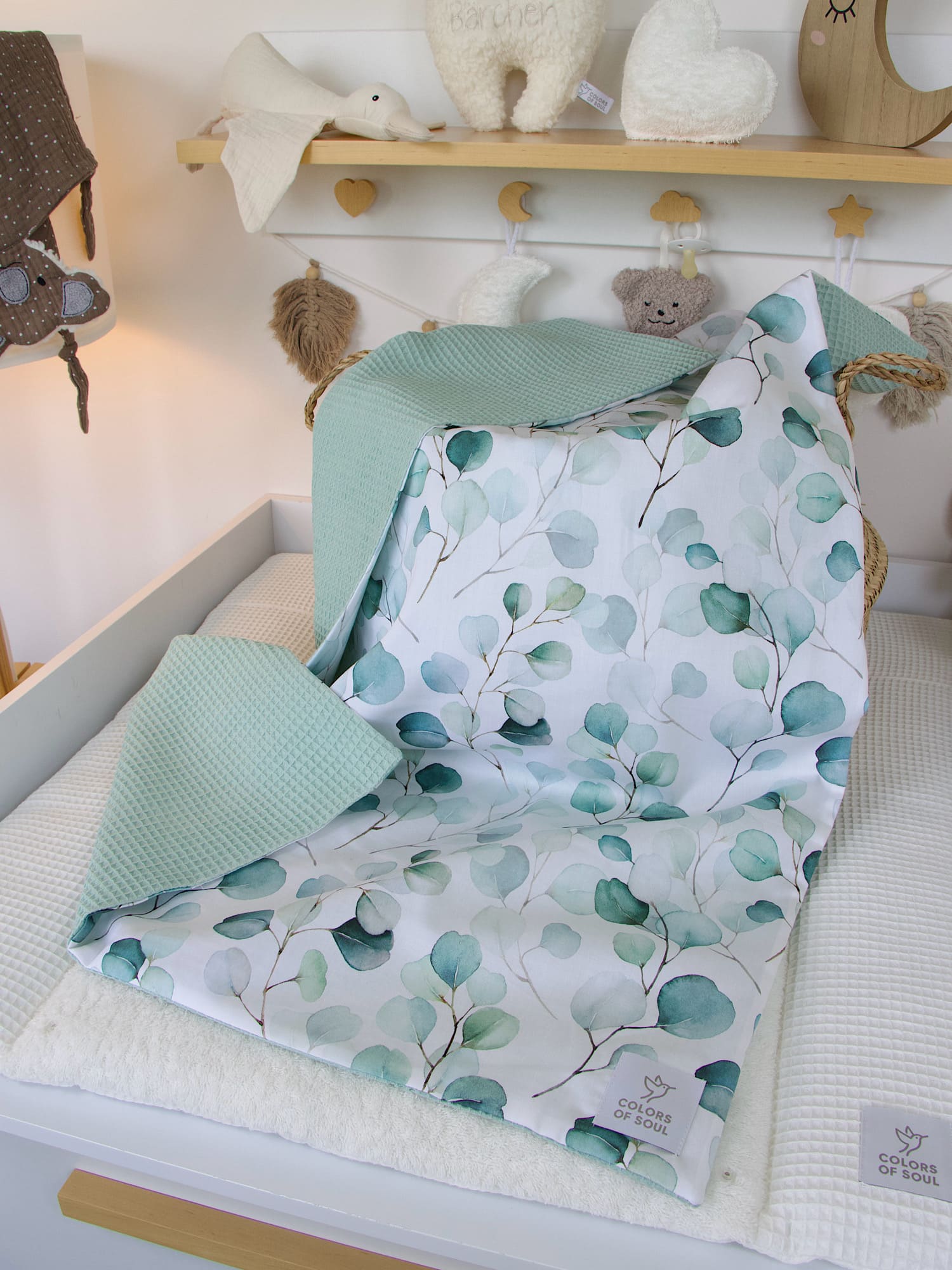 Personalisierte Babydecke - Silberdollar-Eukalyptus Aquarell / Waffelpique hellmint