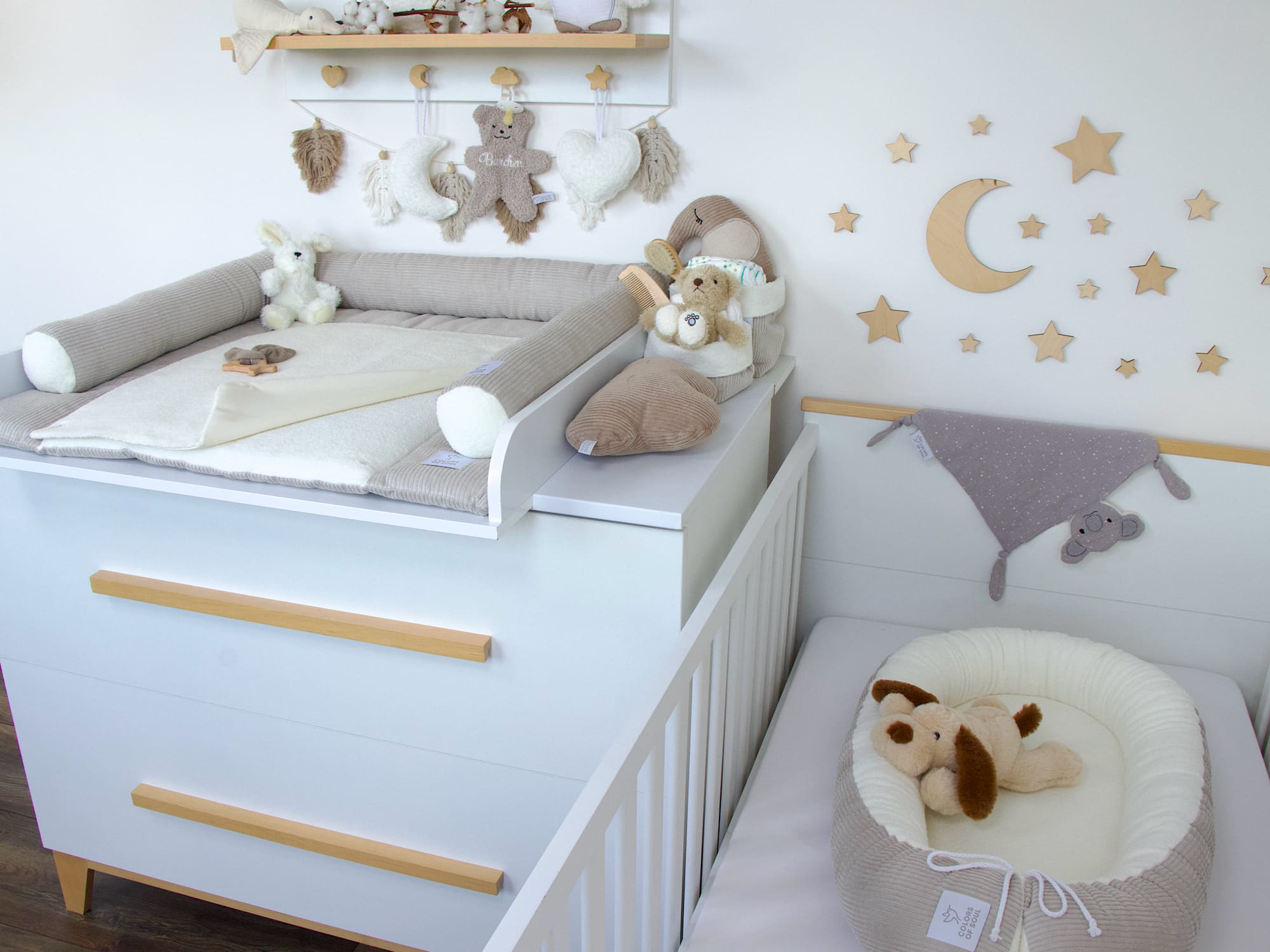 3-er SET - Wickelauflage, Bettschlange, Babynest - Kord hellbeige / Baumwollfleece creme