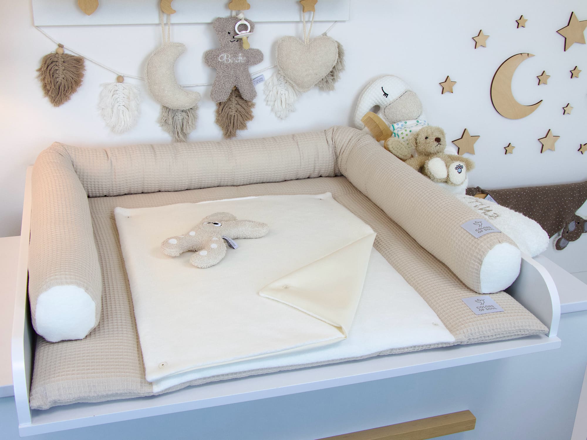 2-er SET - Wickelauflage, Bettschlange - Waffelpique natur / Baumwollfleece creme