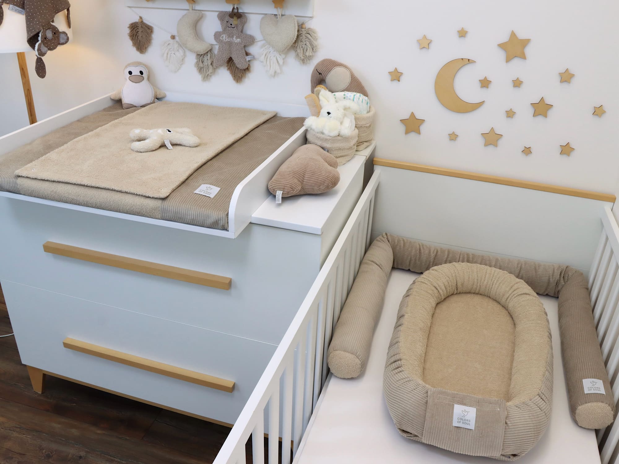 Wickelauflage mit Bezug, Umrandung, Babynest - Cord beige / Frottee beige