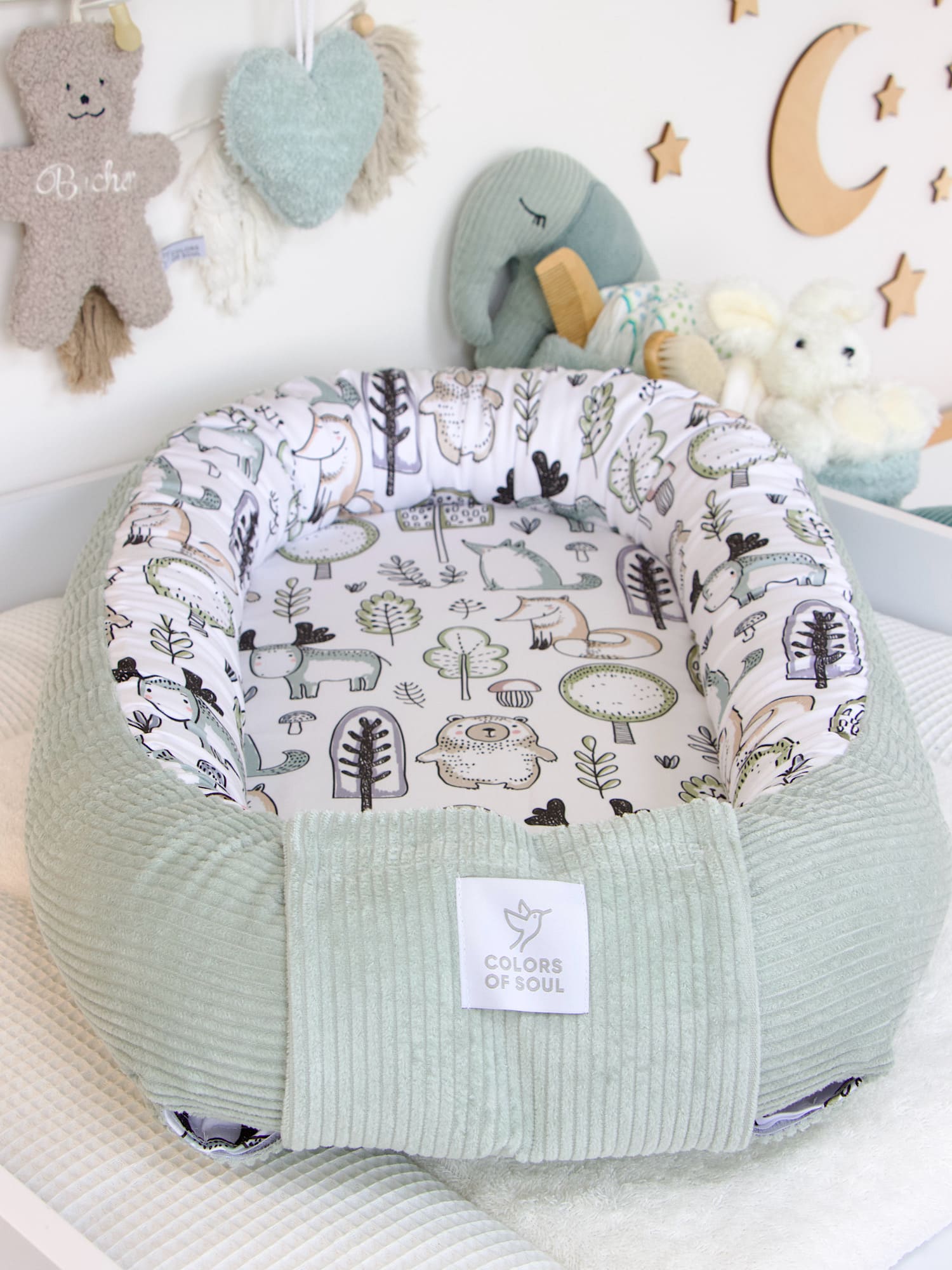 Babynest Cord mint und Waldfreunde