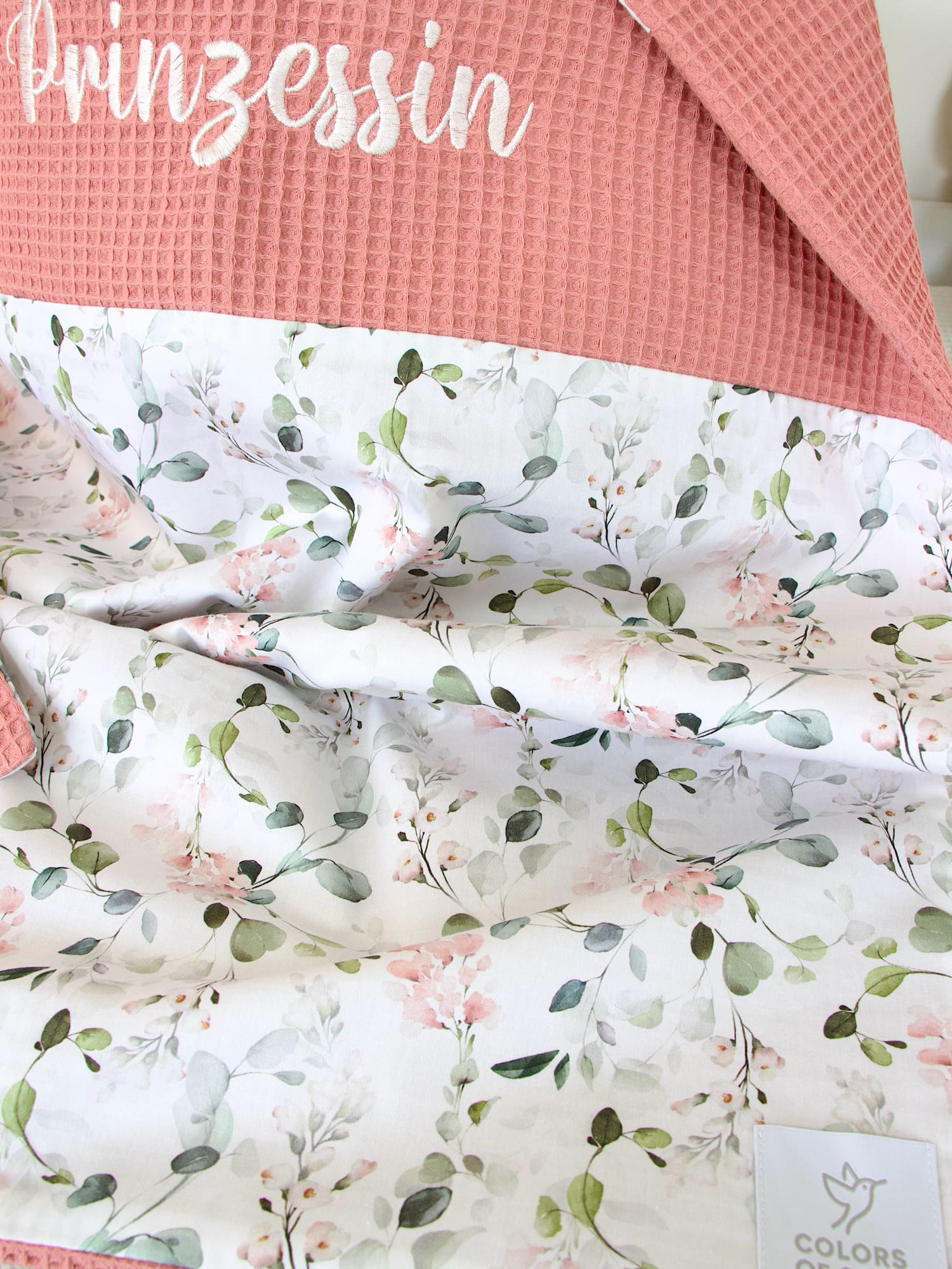 Personalisierte Kuscheldecke Baby - Gartenblumen rosa / Waffelpique blush