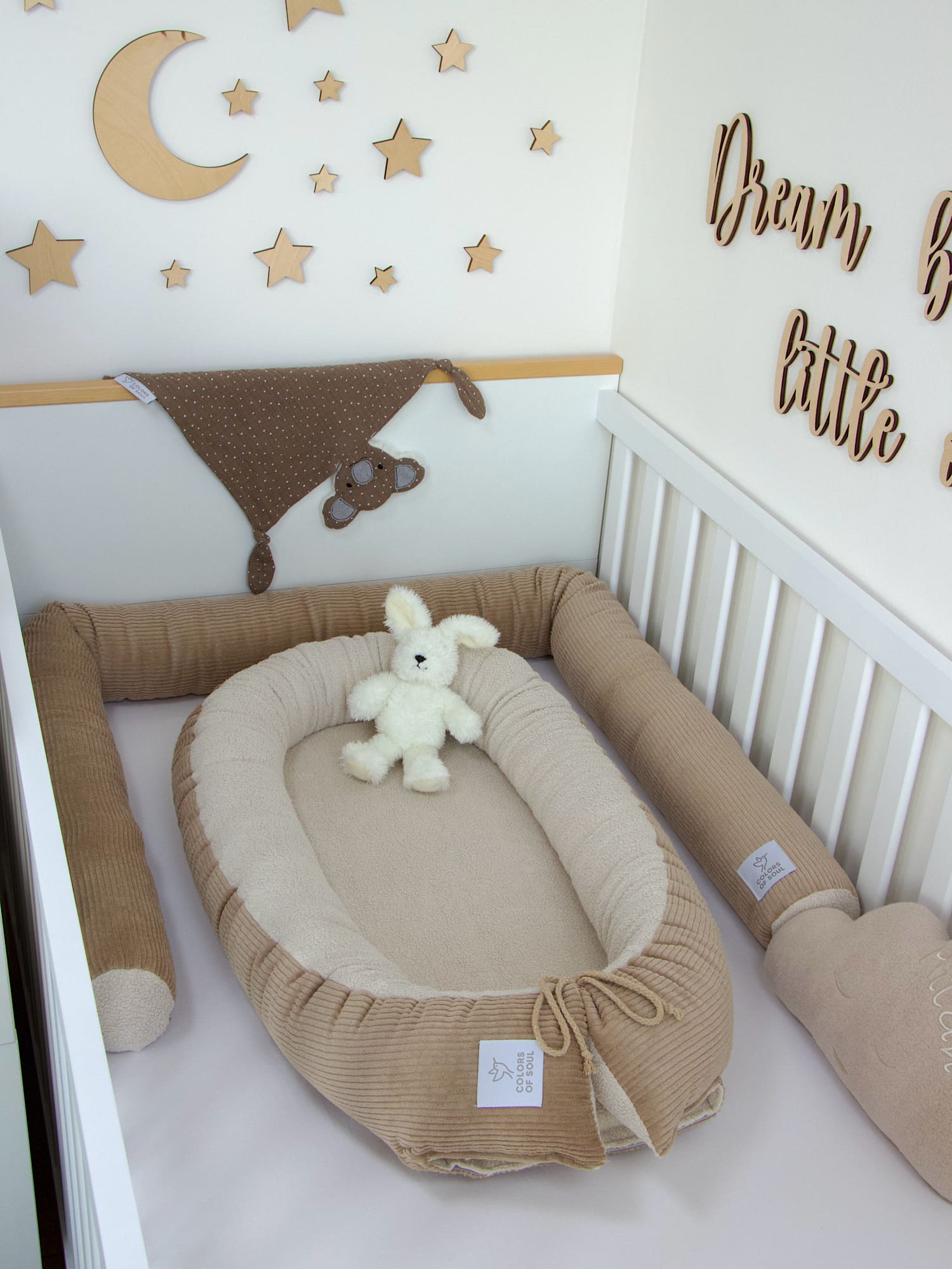 2-er SET - Babynestchen, Bettschlange - Kord camel / Baumwollfleece creme