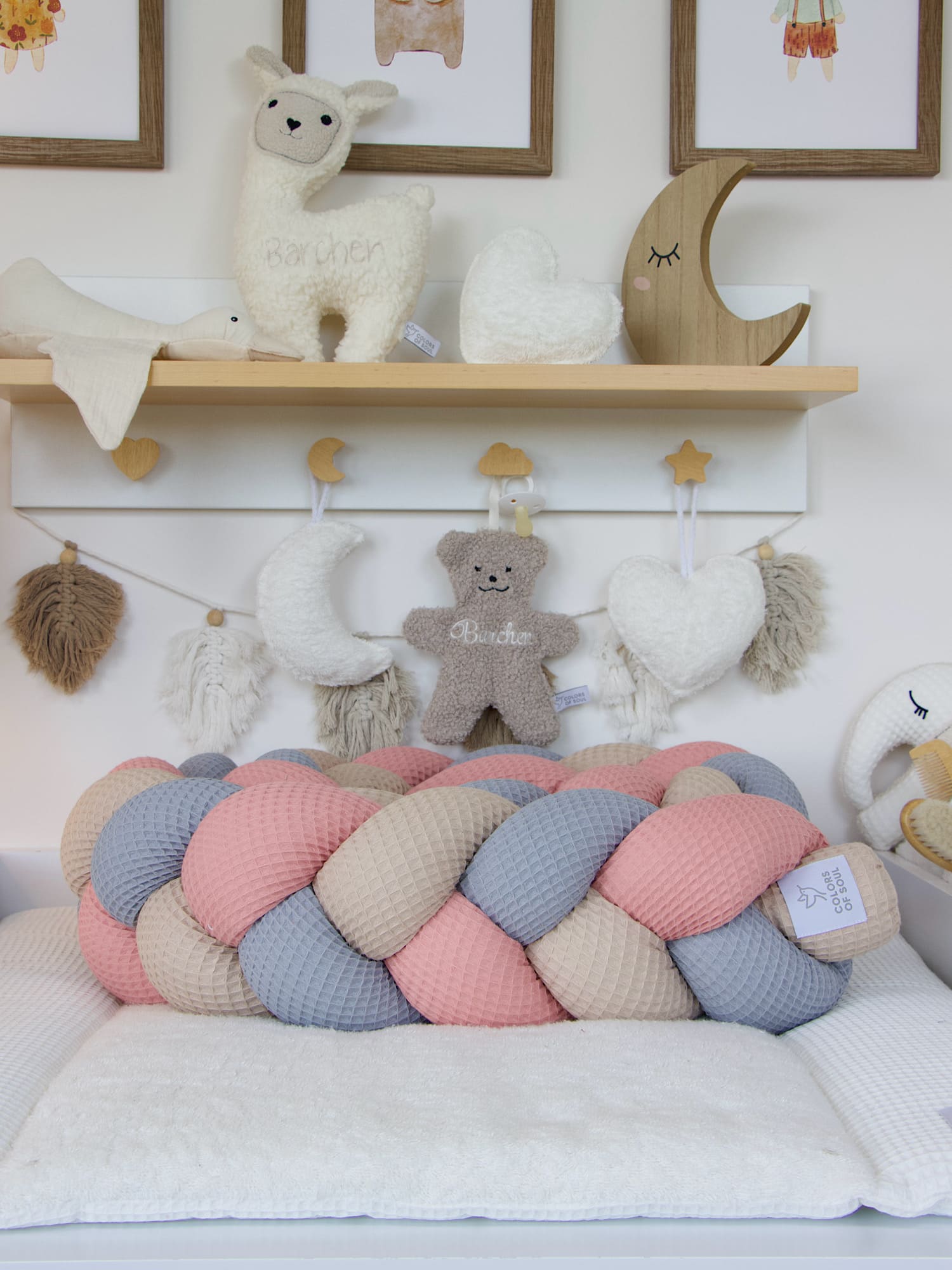 Weiche geflochtene Bettschlange – Waffelpique blush, beige, grau – liebevoll handgenäht