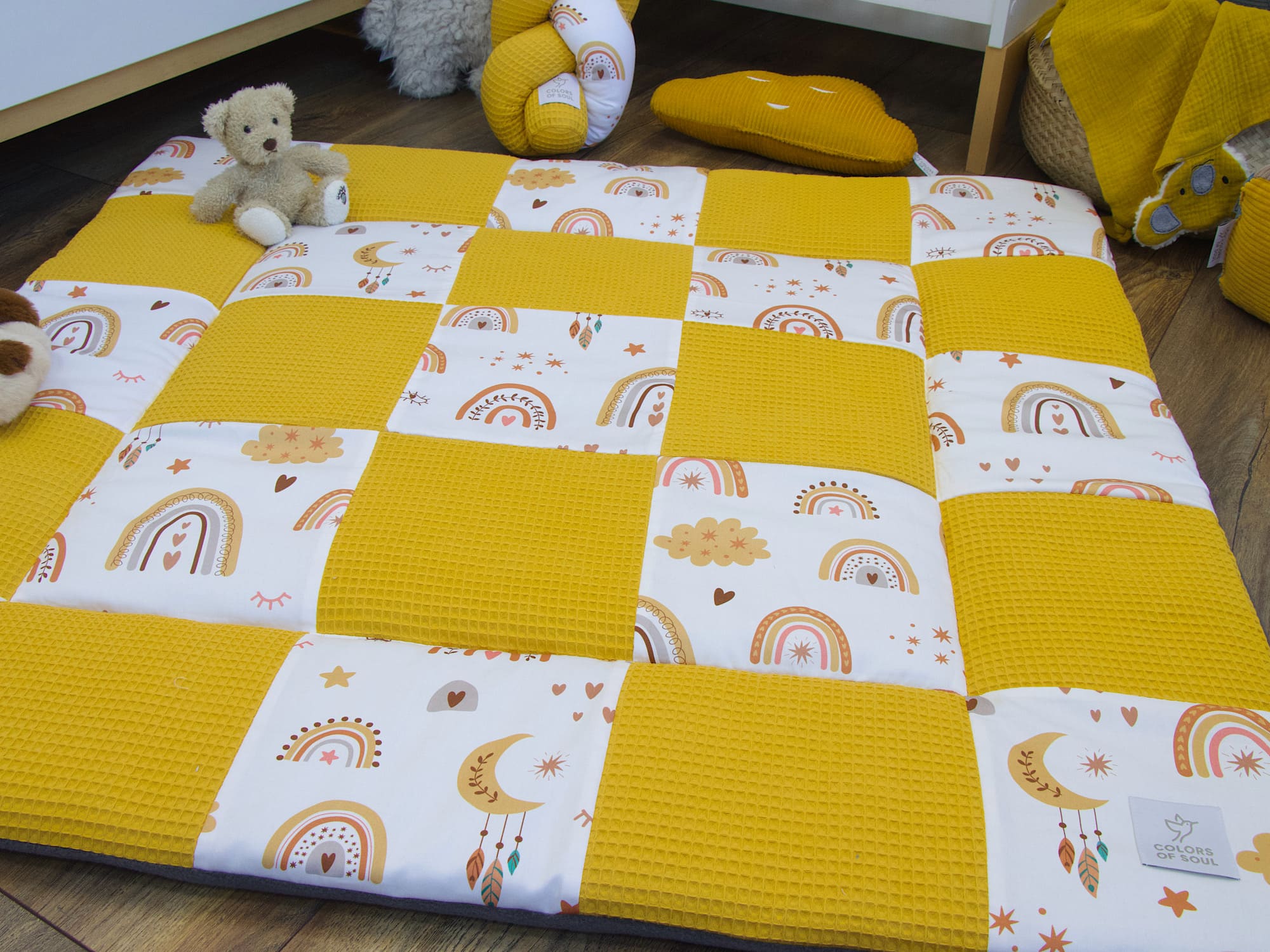 Krabbeldecke - Waffelpique gelb / Baby boho Regenbogen