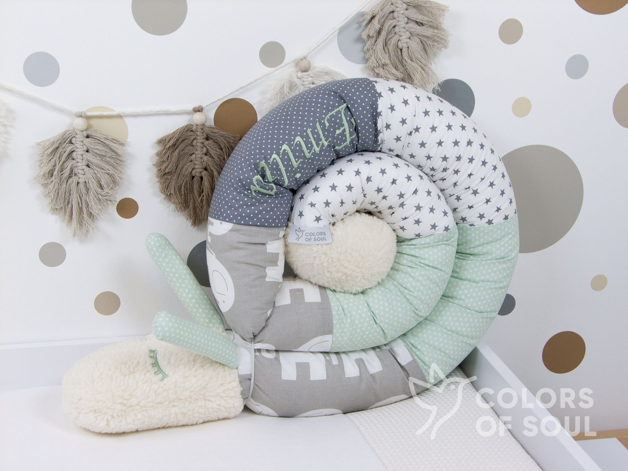 Bettschnecke Elefanten Grau & Mint aus Baumwolle und Teddyplüsch – handgefertigter Rundumschutz fürs Babybett