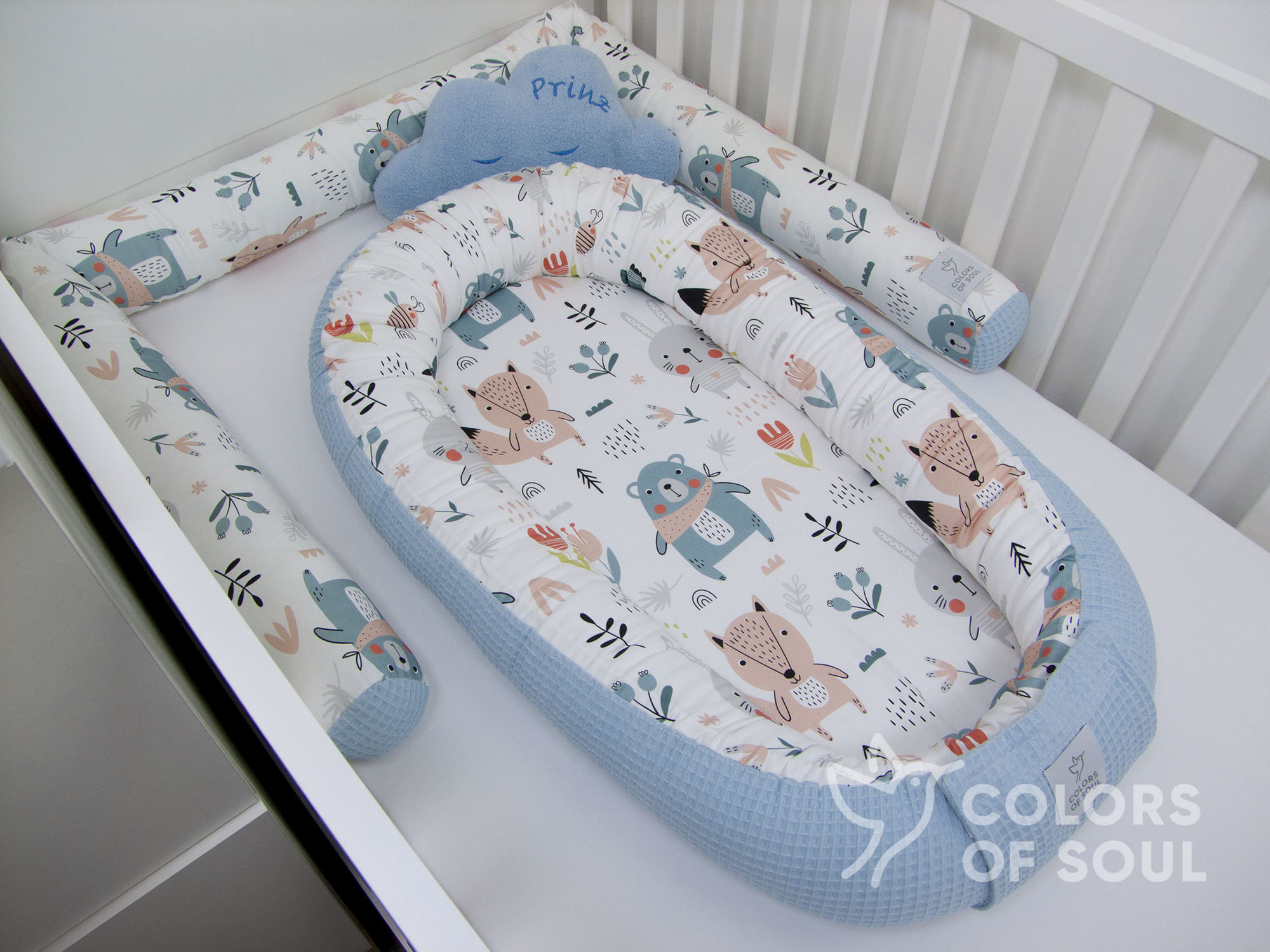 Babynestchen pastell Waldtiere / Waffelpique hellblau