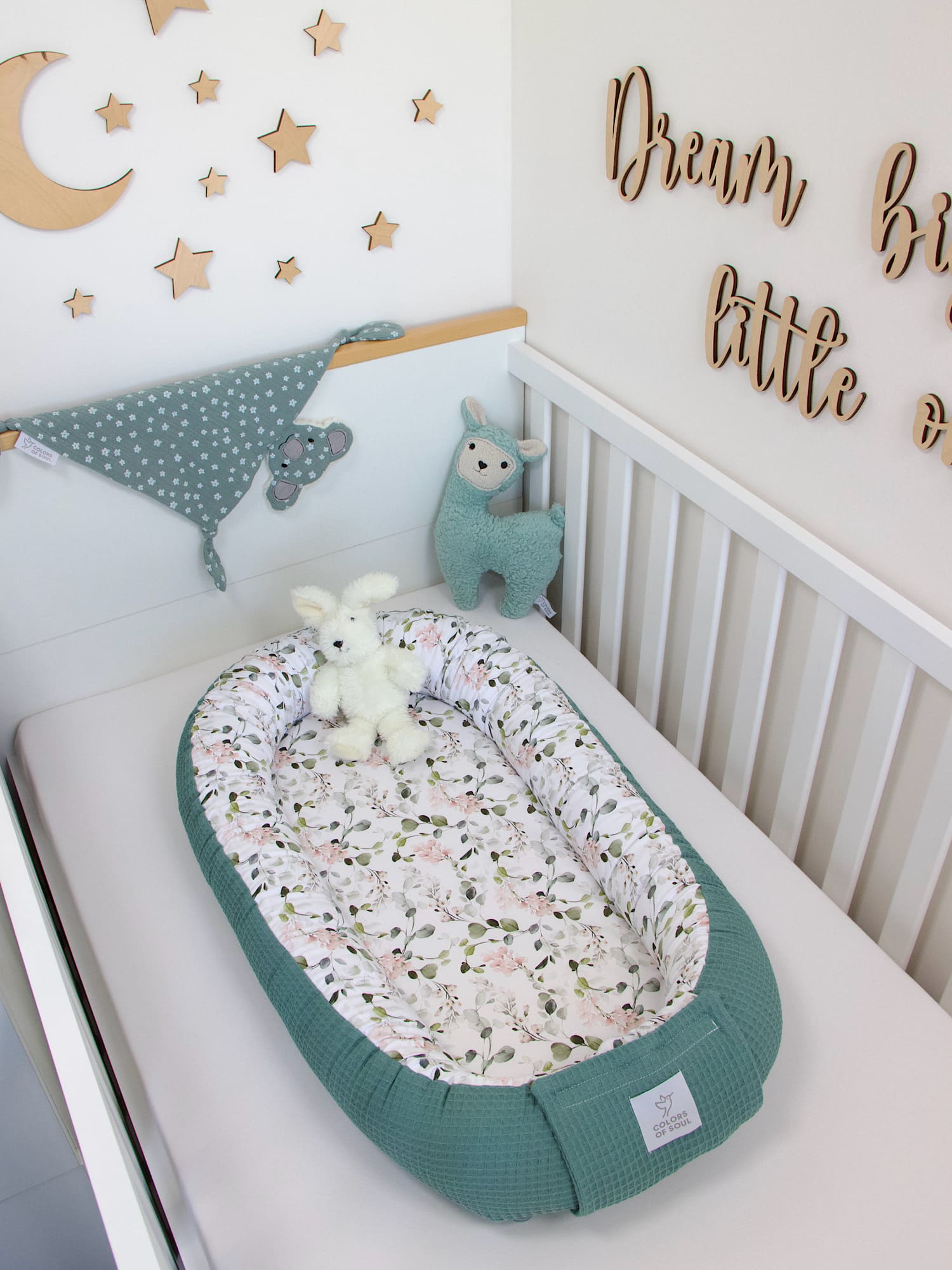 Babynest - Gartenblumen rosa / Waffelpique altgrün