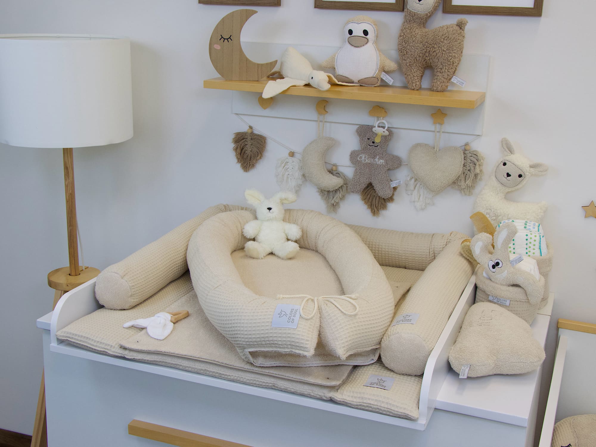 3-er SET - Wickelauflage, Bettschlange, Babynestchen - Waffelpique light sand / Frottee light sand