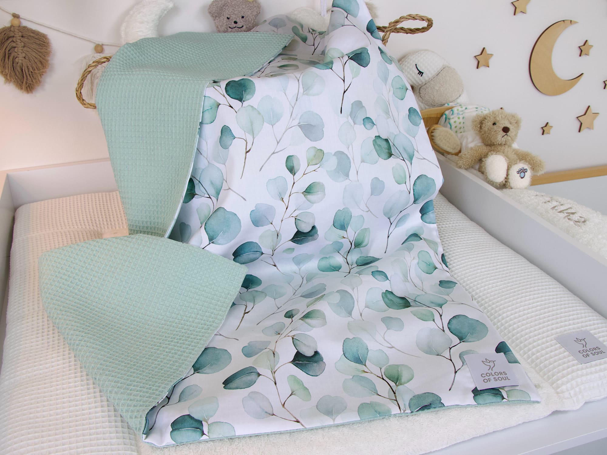 Personalisierte Babydecke - Silberdollar-Eukalyptus Aquarell / Waffelpique hellmint