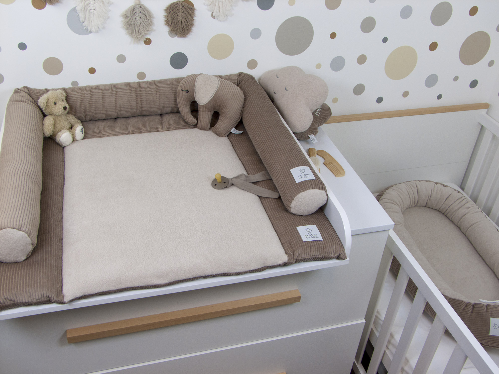 3-er SET - Wickelauflage, Bettschlange, Babynest - Kord camel / Baumwollfleece beige