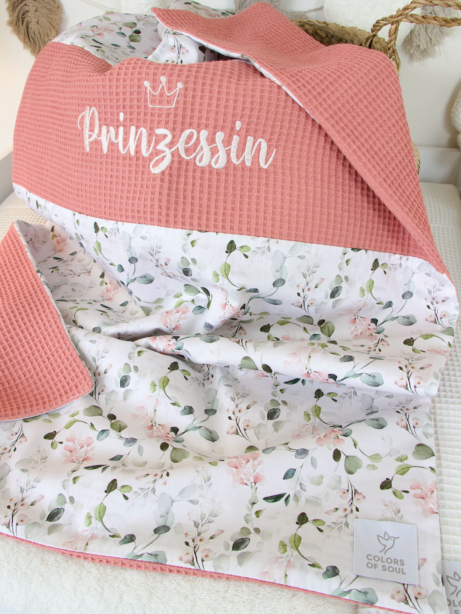 Personalisierte Kuscheldecke Baby - Gartenblumen rosa / Waffelpique blush