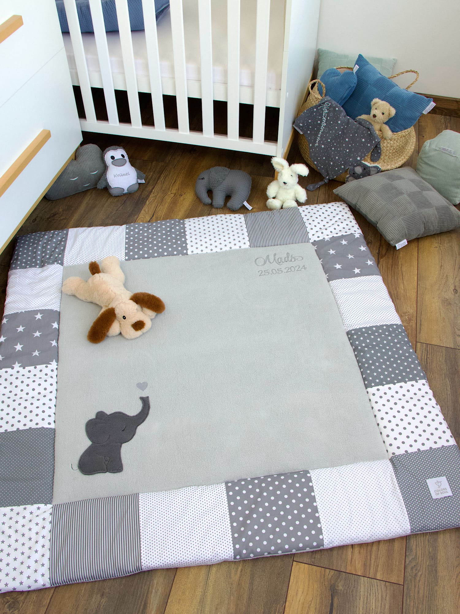Baby Krabbeldecke grau-weiß gepolstert mit Baumwollfleece