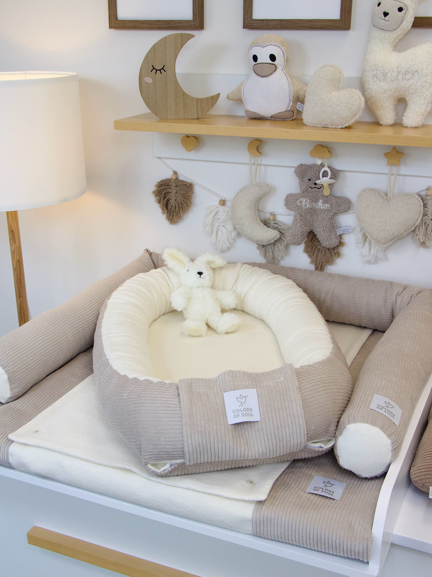 3-er SET - Wickelauflage, Babynestchen, Bettschlange - Cord hellbeige / Baumwollfleece creme