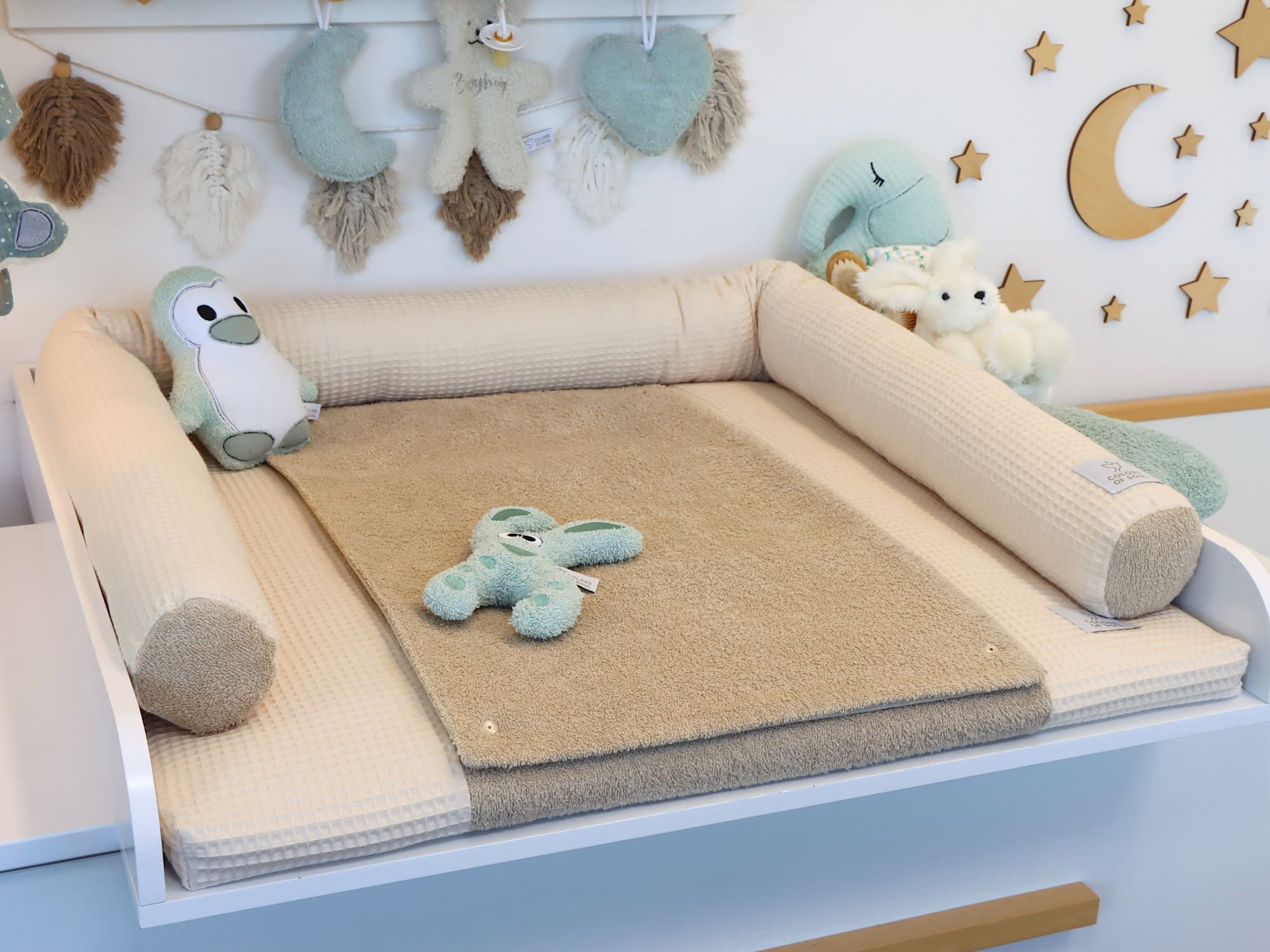 Wickelauflage mit Bezug & Bettschlange – Waffelpique Hellbeige & Frottee Beige