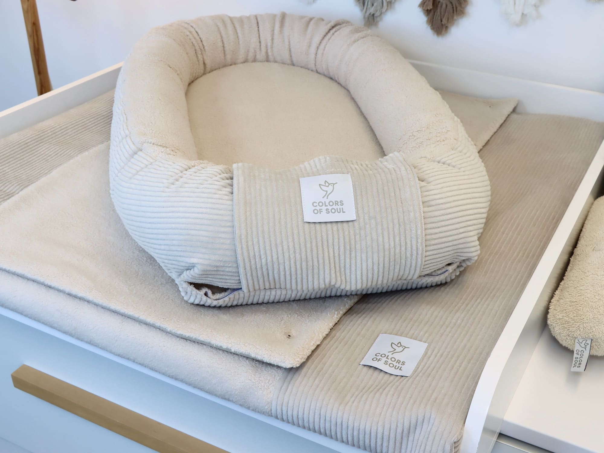 Wickelauflage mit Bezug, Bettschlange, Babynest - Cord hellbeige / Baumwollfleece hellbeige