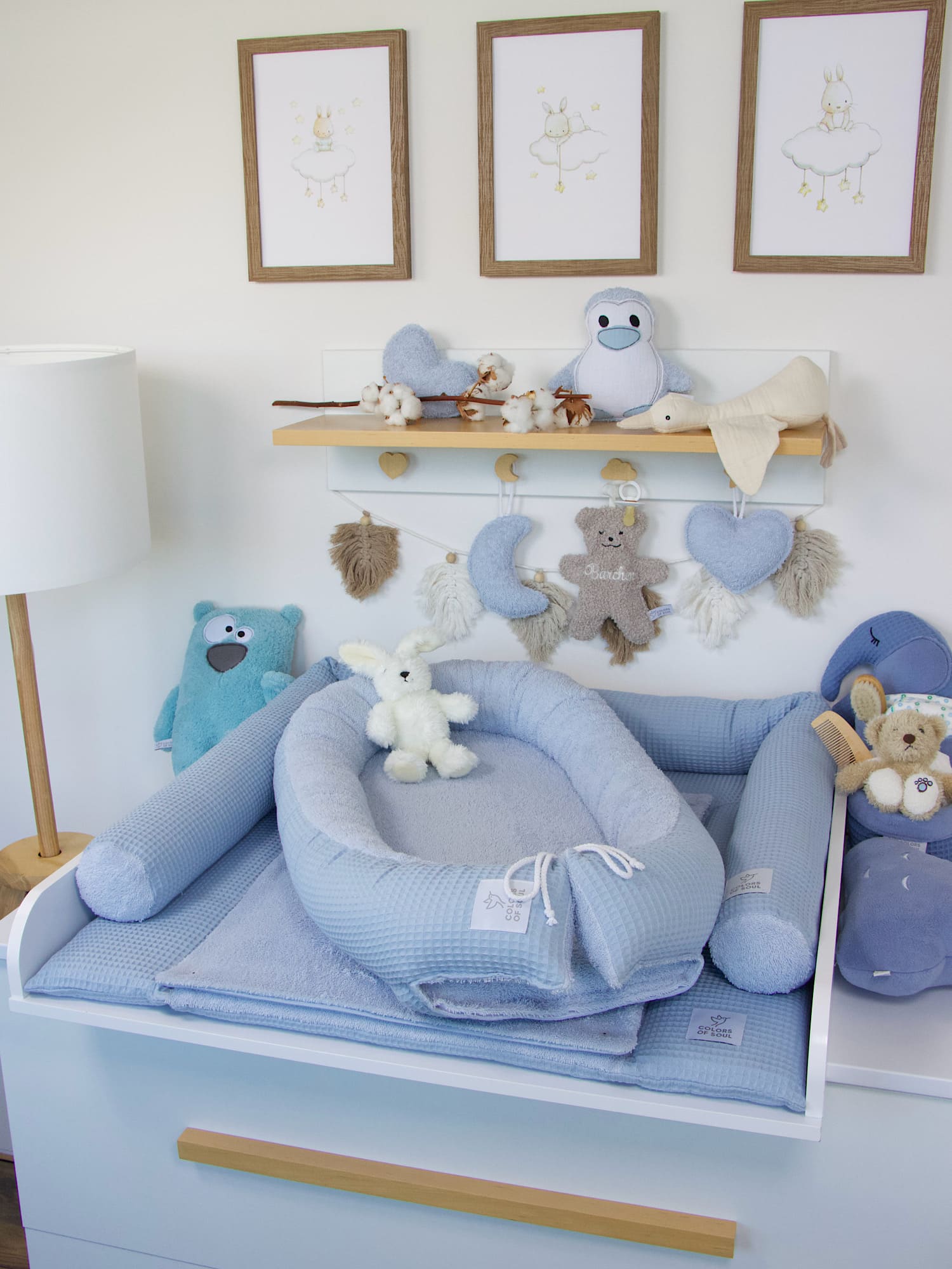 3-er SET - Wickelauflage, Bettschlange, Babynestchen - Waffelpique hellblau / Frottee hellblau