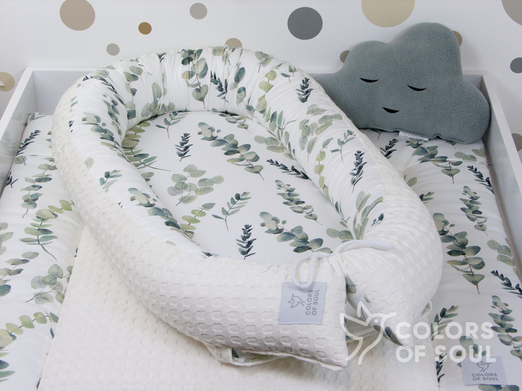 Babynest - Eukalyptuszweige Aquarell / Waffelpique grob creme
