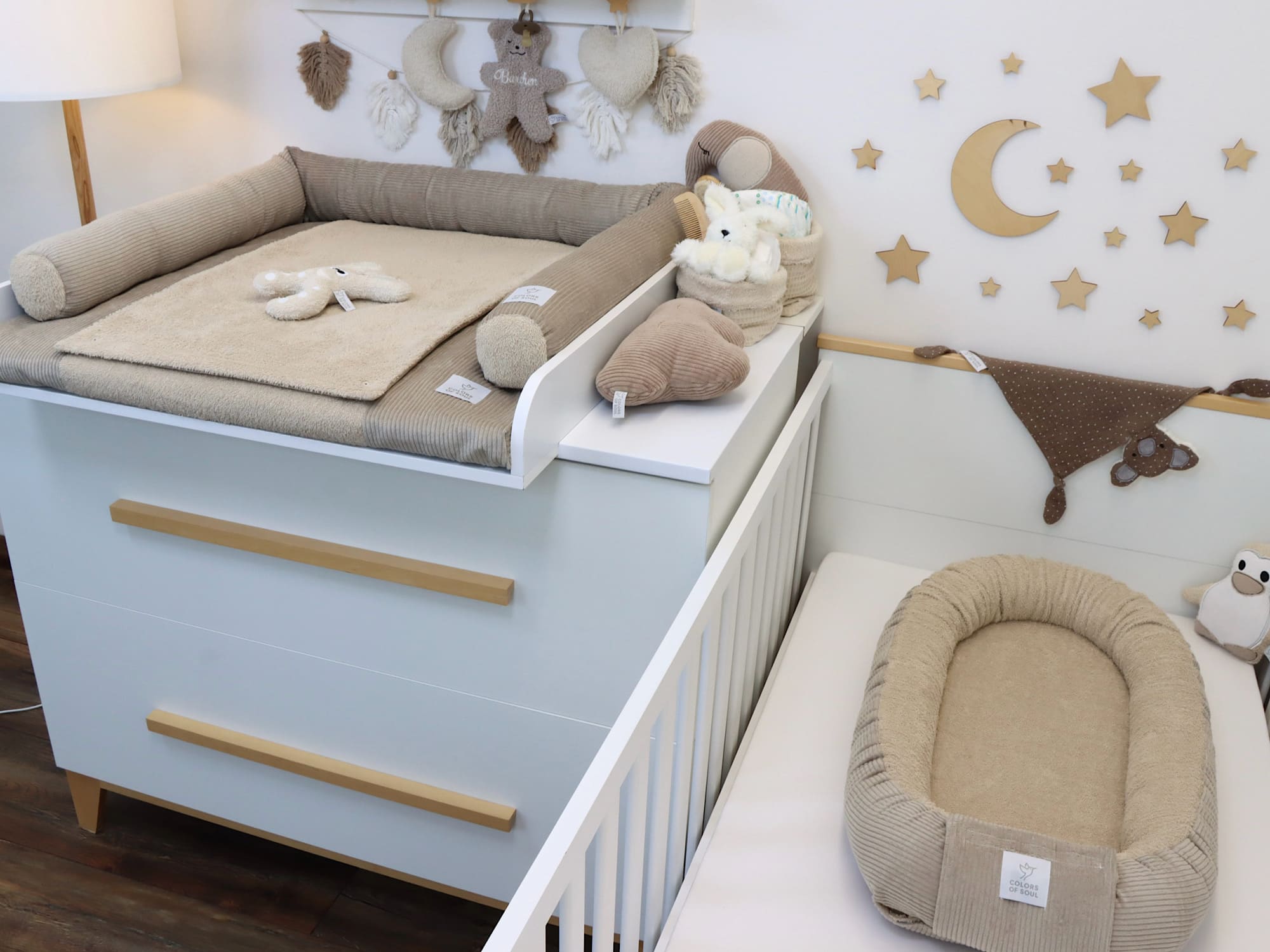 Wickelauflage mit Bezug, Umrandung, Babynest - Cord beige / Frottee beige