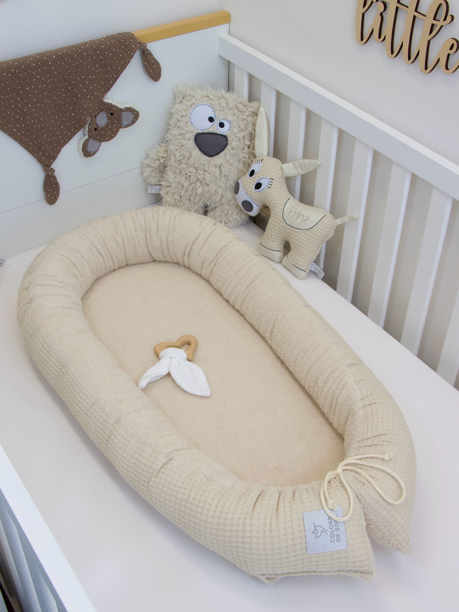 2-er SET - Wickelauflage und Babynestchen - Waffelpique light sand / Frottee light sand
