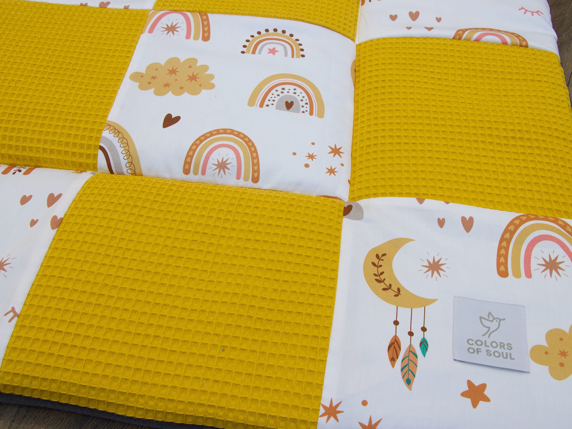 Krabbeldecke - Waffelpique gelb / Baby boho Regenbogen