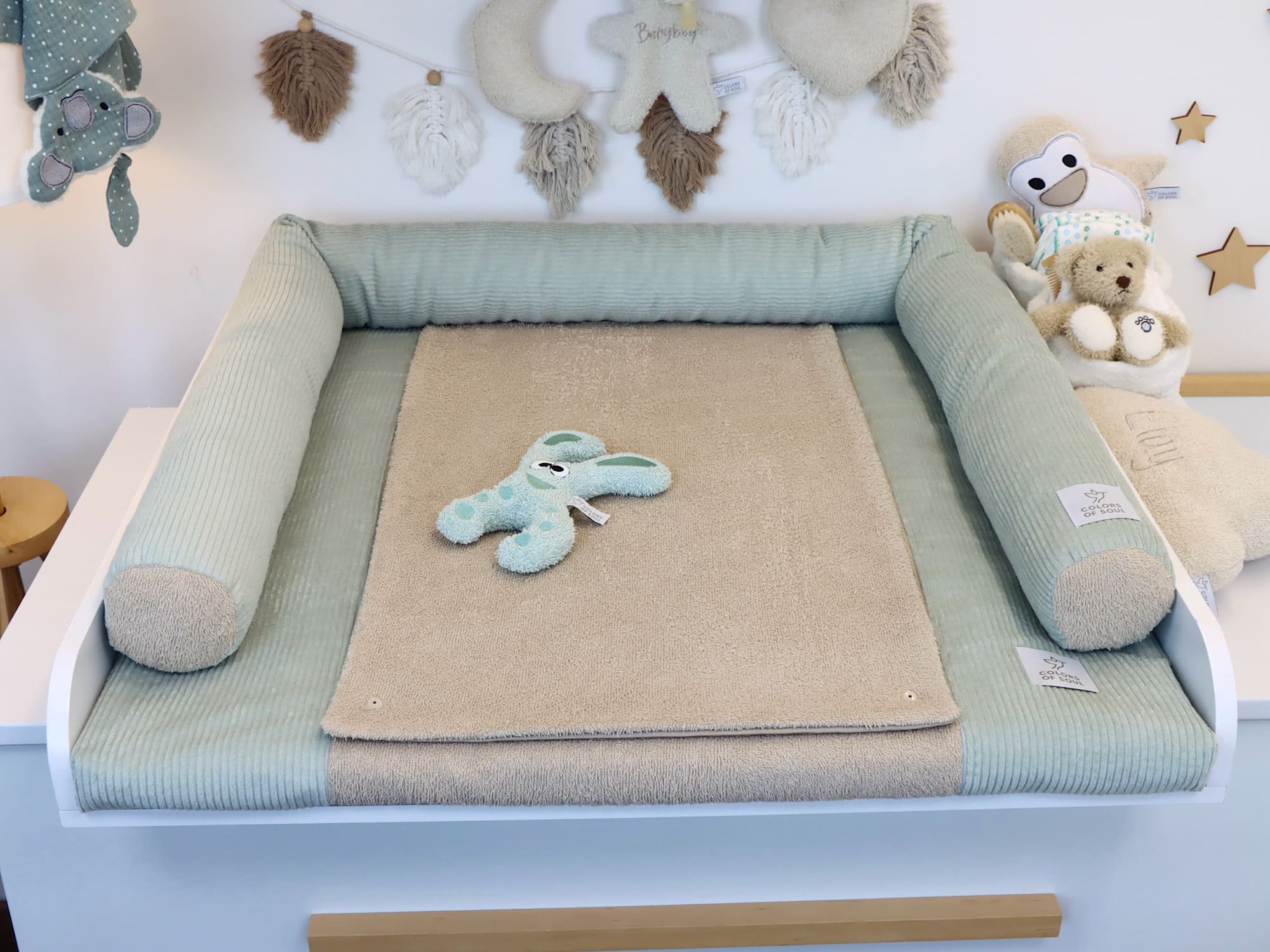 Wickelauflage mit Bezug und Umrandung – Cord Mint / Frottee Beige