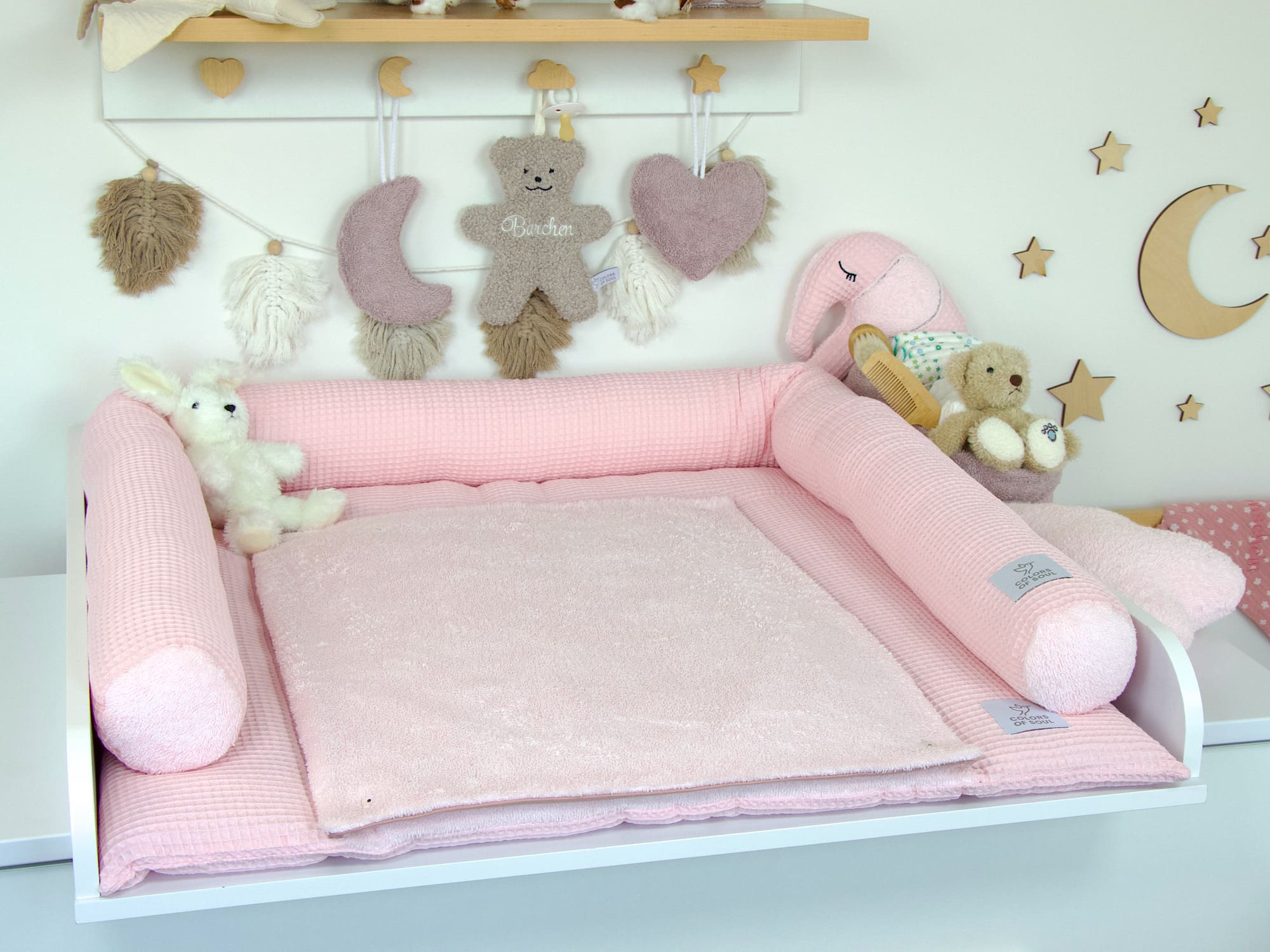 3-er SET - Wickelauflage, Bettschlange, Babynestchen - Waffelpique hellrosa / Frottee hellrosa