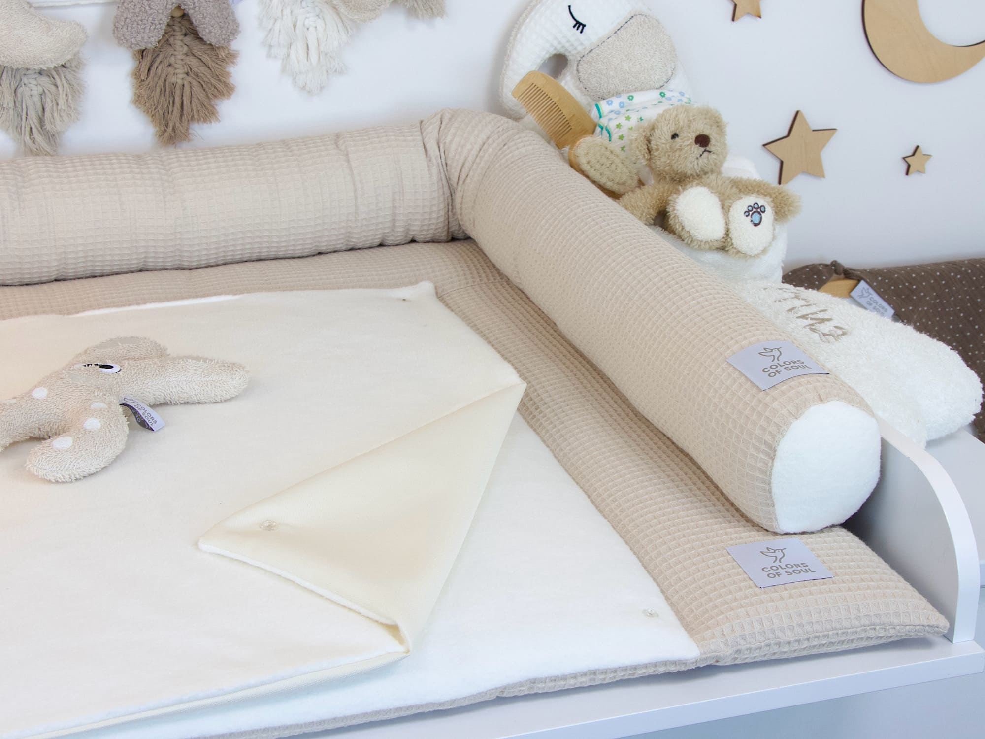 2-er SET - Wickelauflage, Bettschlange - Waffelpique natur / Baumwollfleece creme