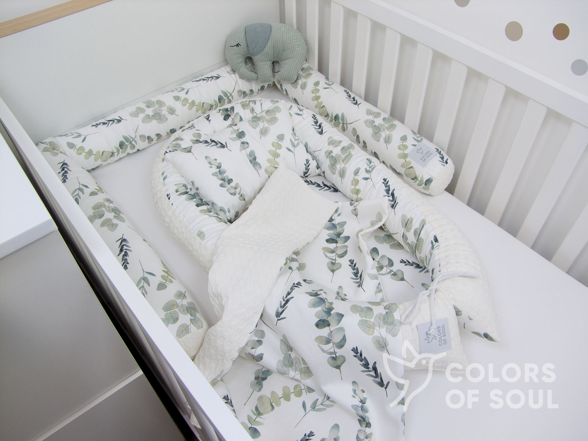 3-er SET - Wickelauflage, Bettrolle, Babynest - Eukalyptuszweige Aquarell / Waffelpique grob creme