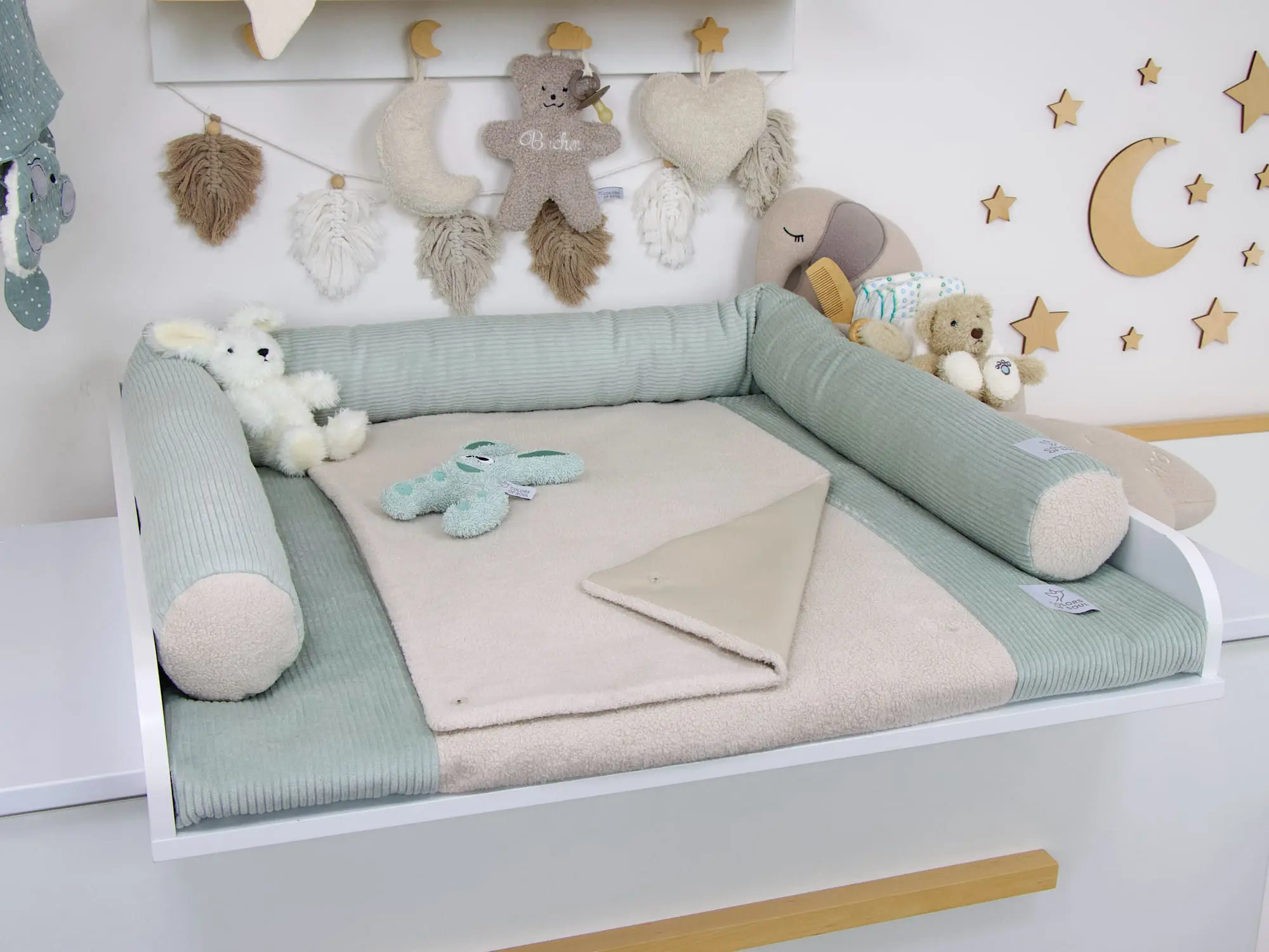 Wickelauflage mit Bezug und Bettschlange (Wickelset) – Cord mint / Baumwollfleece beige