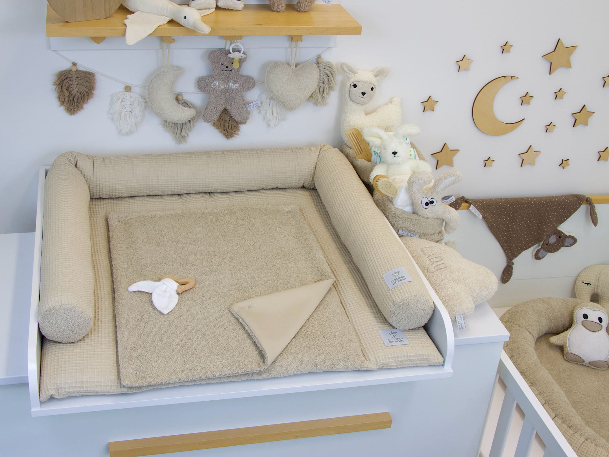 3-er SET - Wickelauflage, Bettschlange, Babynestchen - Waffelpique beige / Frottee beige