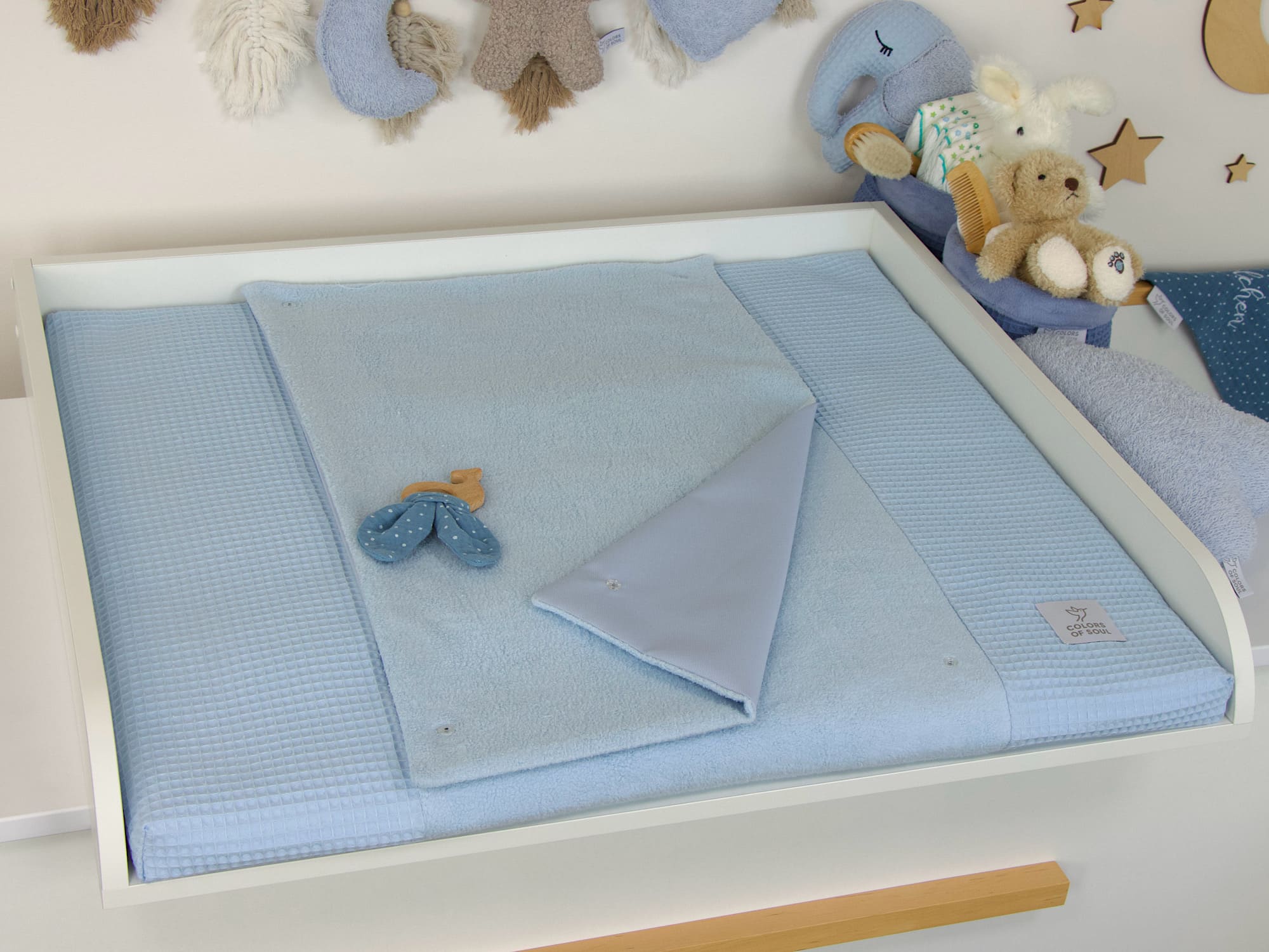 Wickelauflage mit Inlett - Waffelpique babyblau/ Baumwollfleece blau