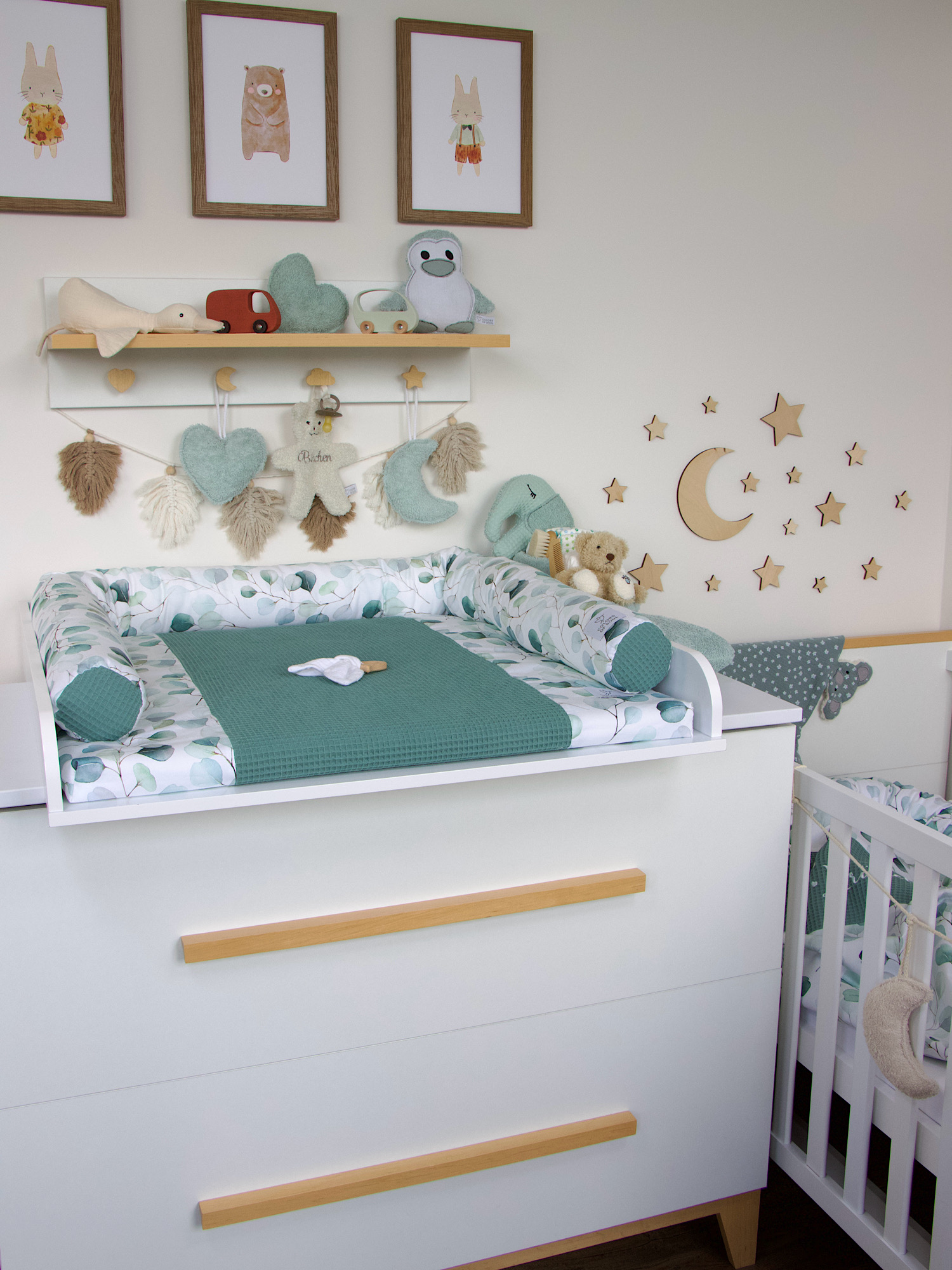 3-er SET - Wickelauflage mit Inlett, Babynest, Bettrolle - Silberdollar-Eukalyptus / Waffel altgrün